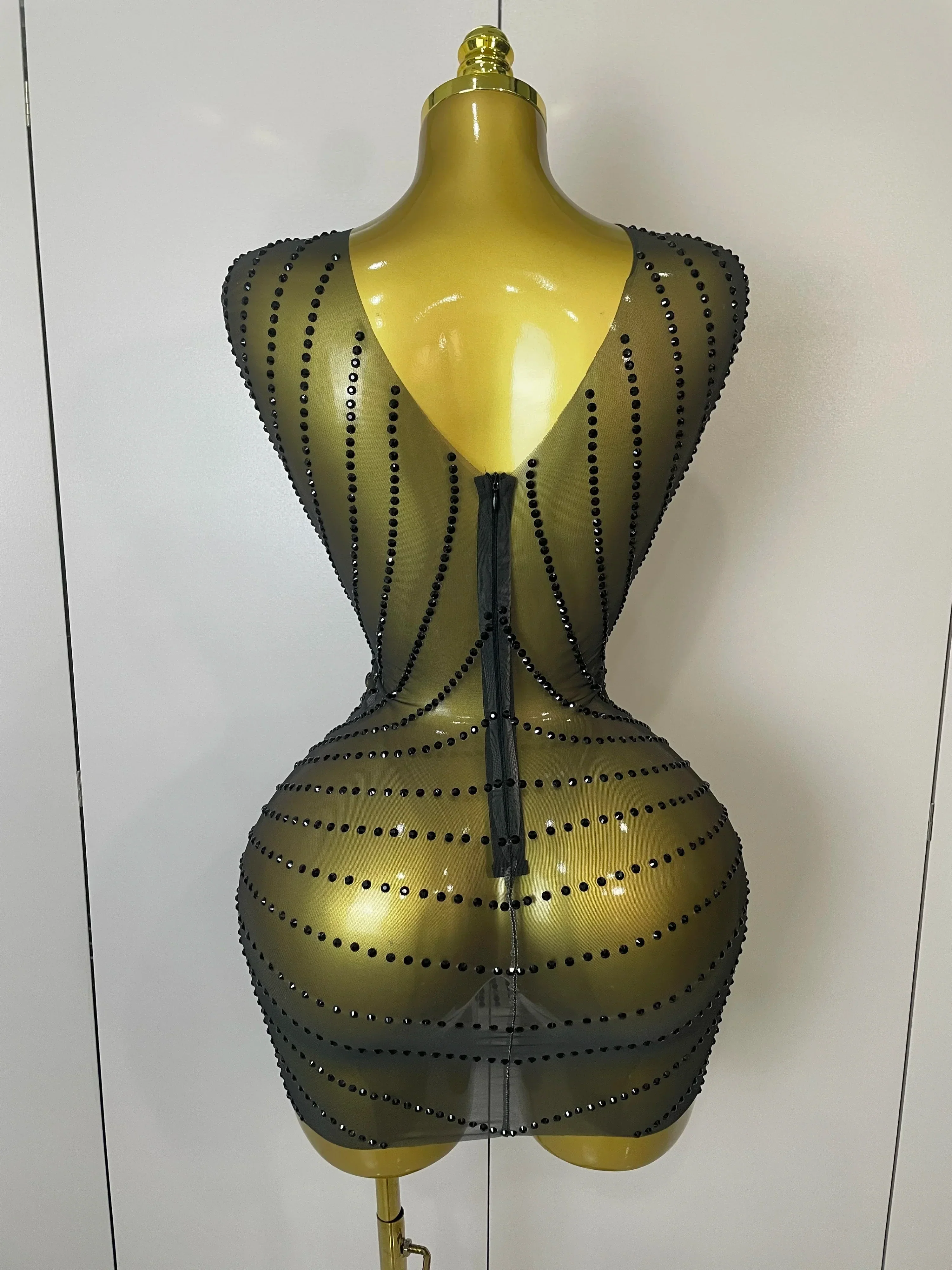 Sparkly Gold Rhinestone Transparent Sleeveless Mini Dress Evening Birthday Celebrate Party Nightclub Performance Costume - Image 3