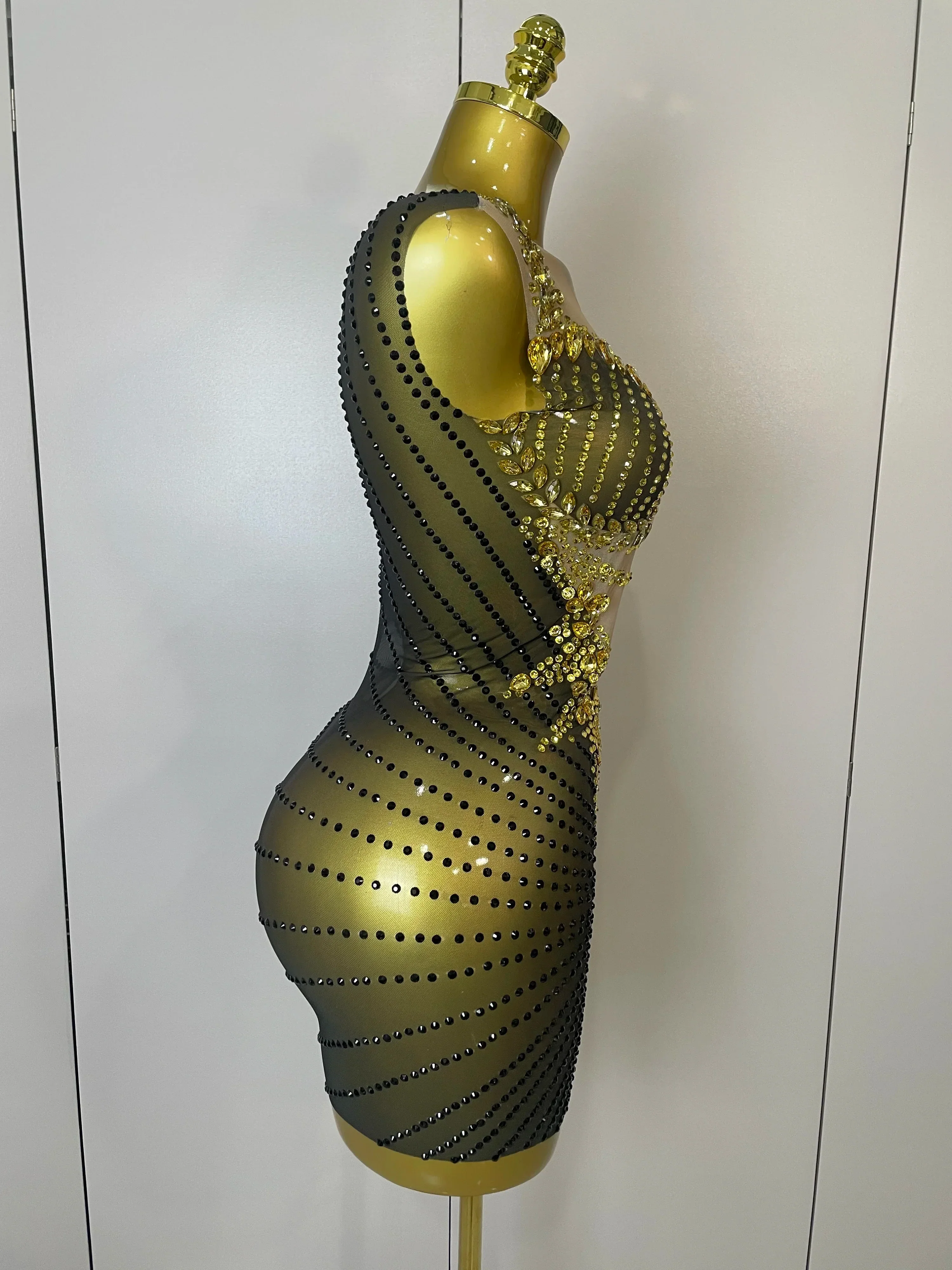 Sparkly Gold Rhinestone Transparent Sleeveless Mini Dress Evening Birthday Celebrate Party Nightclub Performance Costume - Image 4