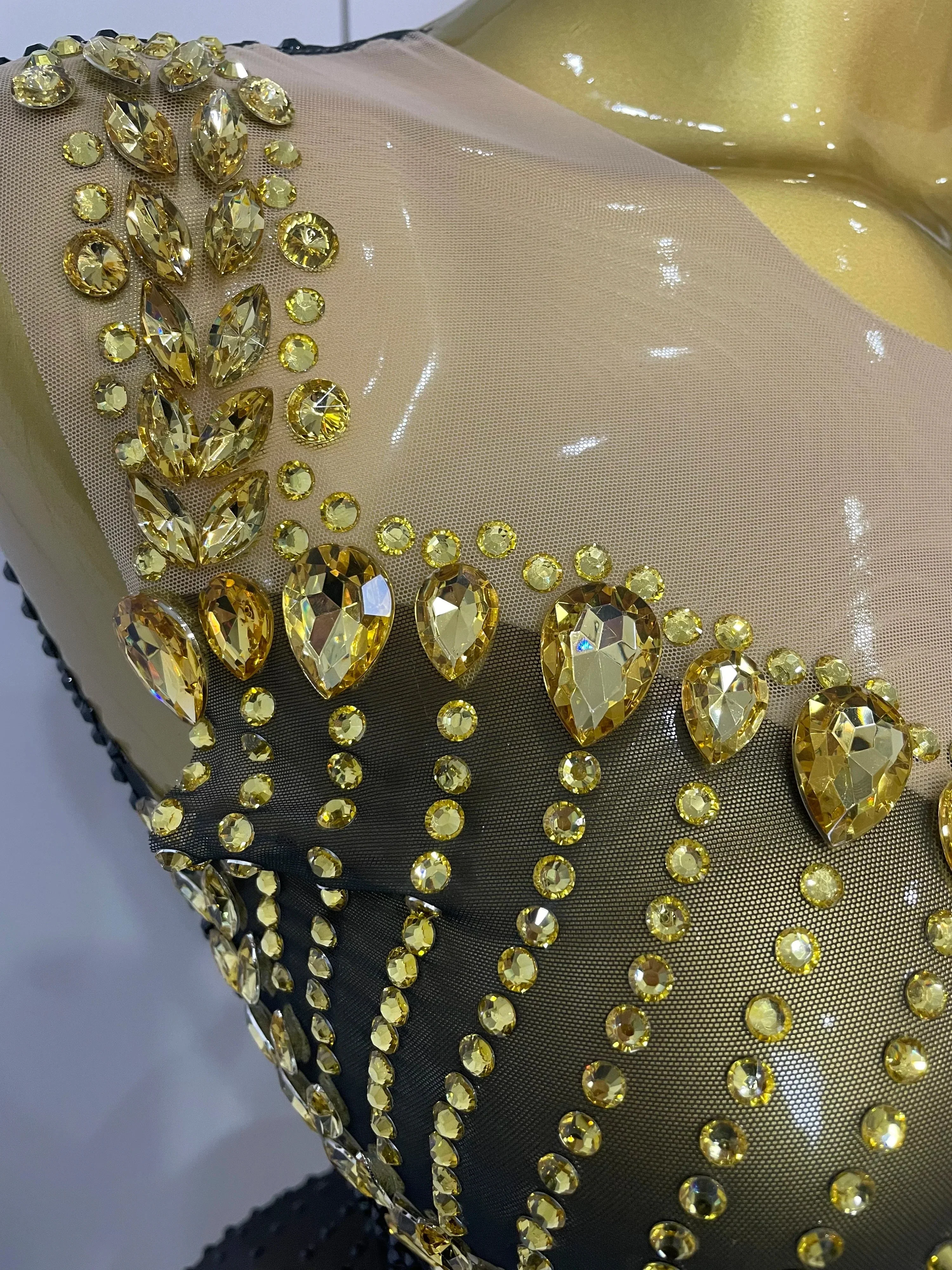 Sparkly Gold Rhinestone Transparent Sleeveless Mini Dress Evening Birthday Celebrate Party Nightclub Performance Costume - Image 6