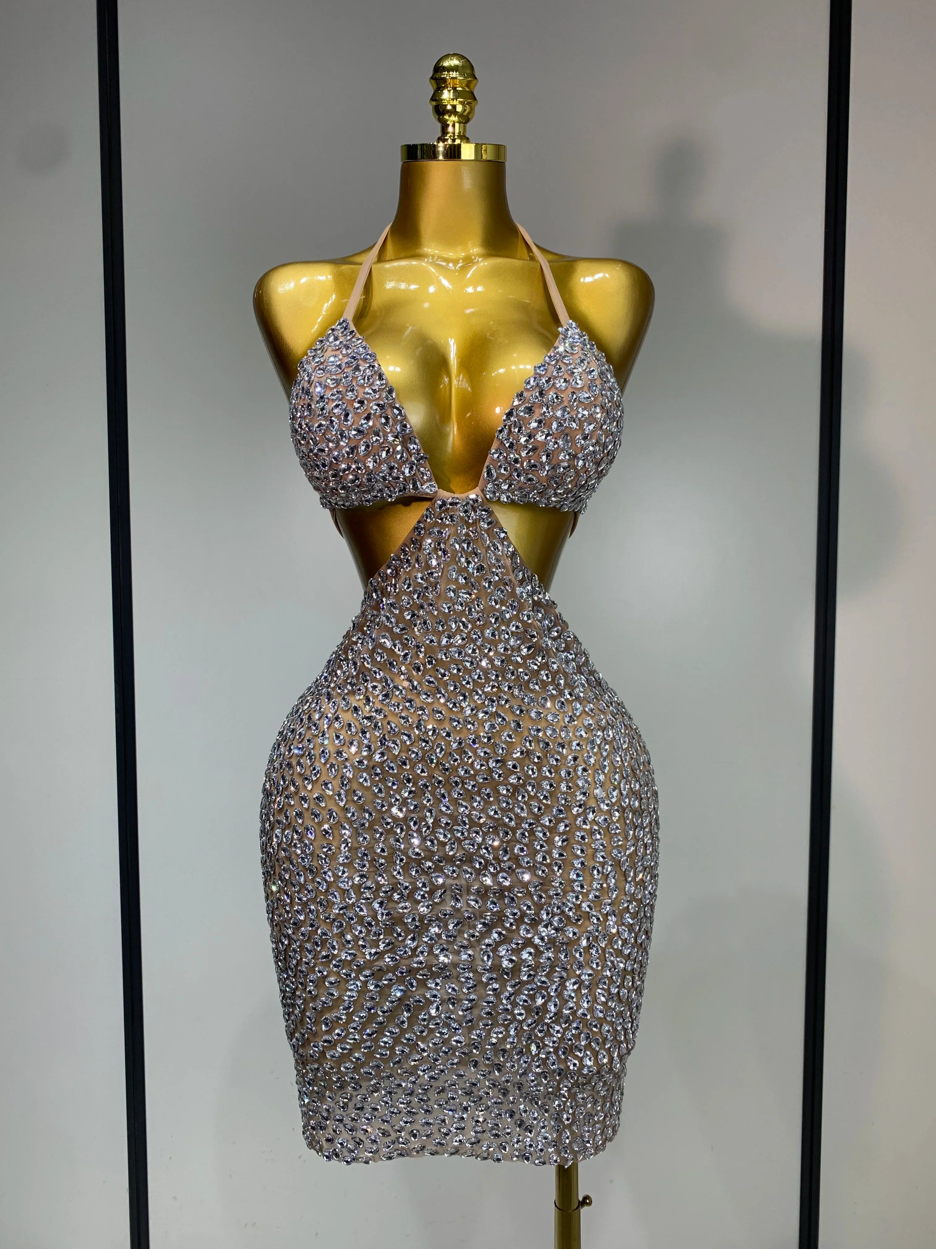 Sparkly Luxury Crystal Rhinestones Sexy Backless Bodycon Dress Women Singer Stage Outfit Celebrity Elegant Birthday Costume