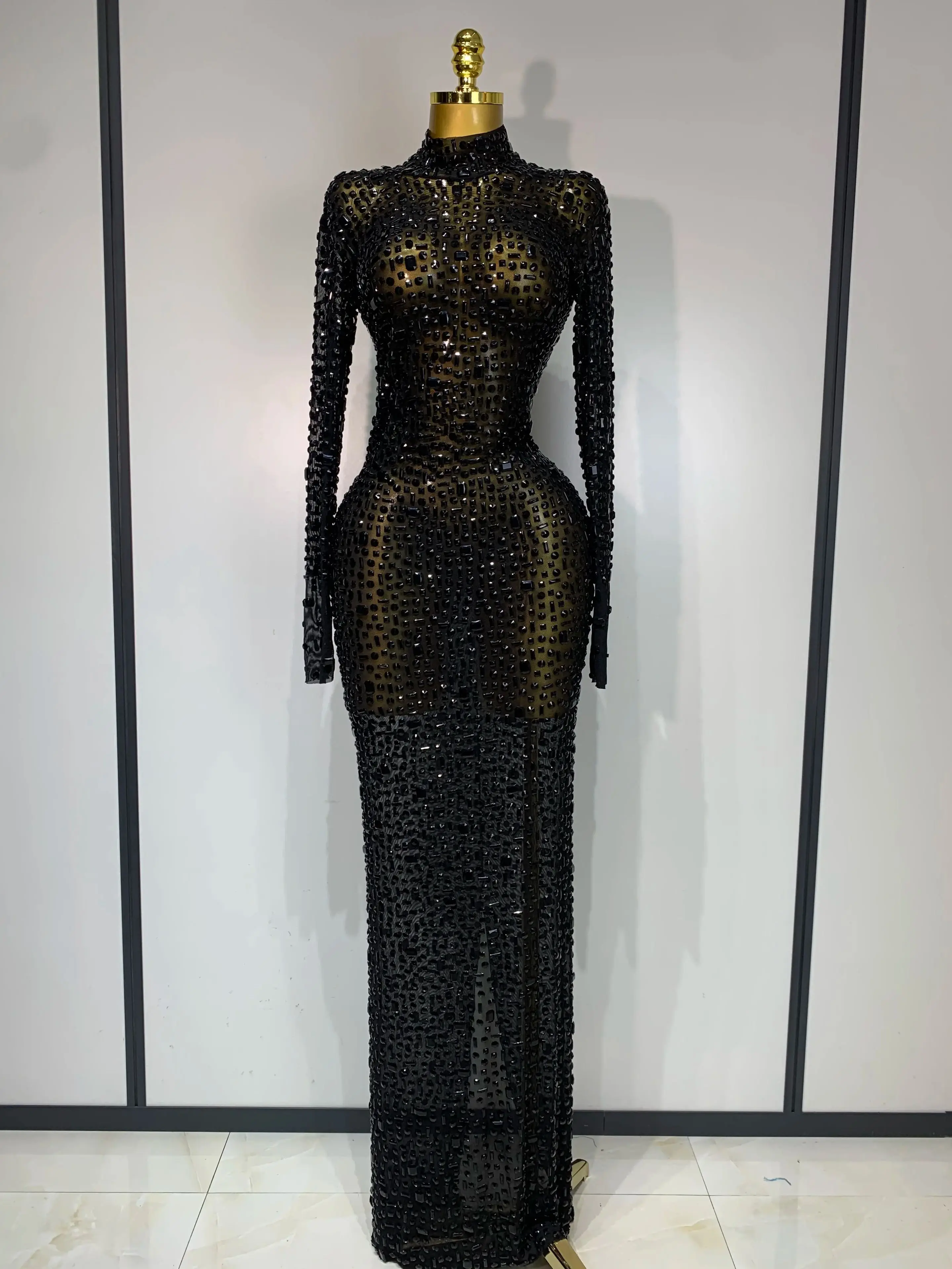 Sparkly Luxury Rhinstones Long Sleeve Elegant Party Dress Women Performance Stage Outfit Evening Birthday Prom Gown