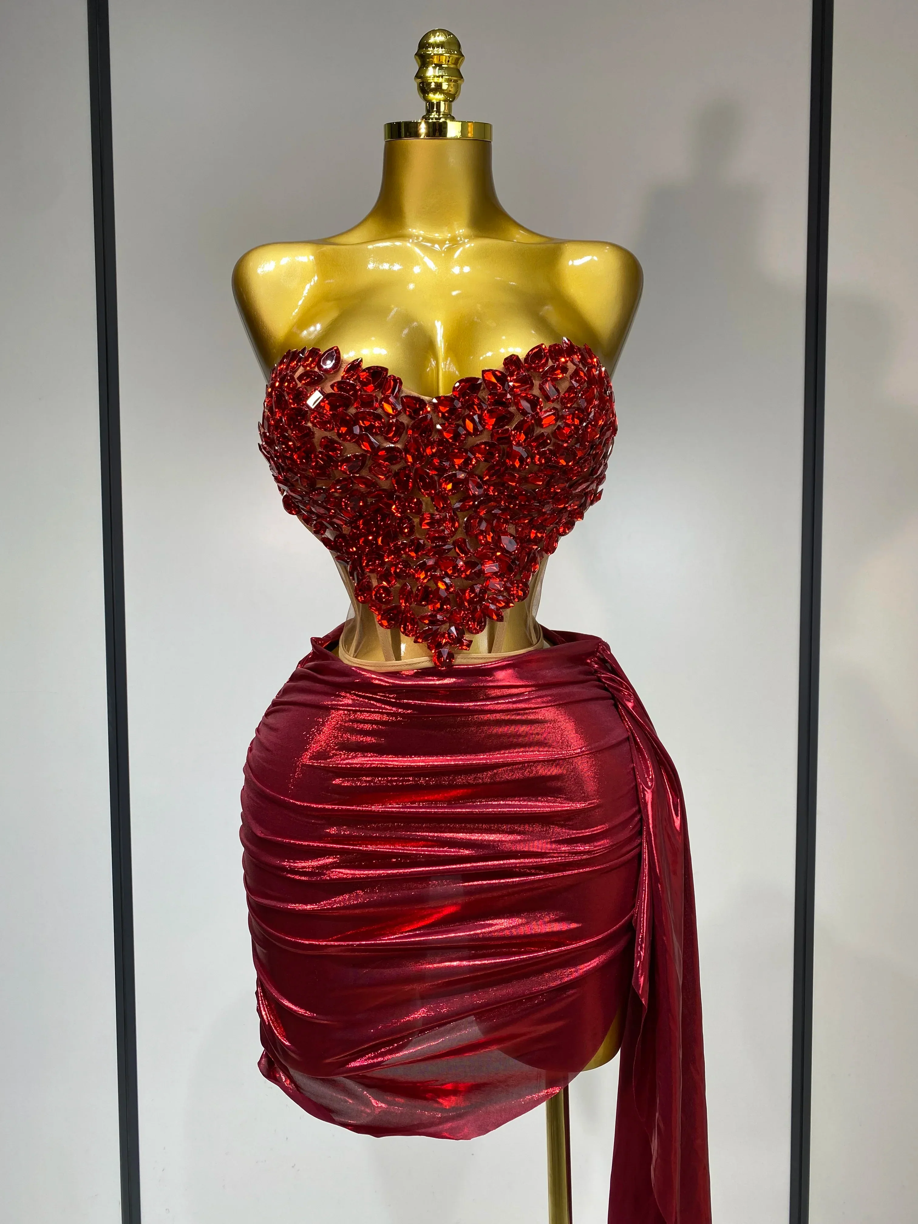 Sparkly Red Diamond Sexy Top Two Pieces Set Women Celebrate Party Luxury Birthday Nightclub Performance Dancer Stage Outfit