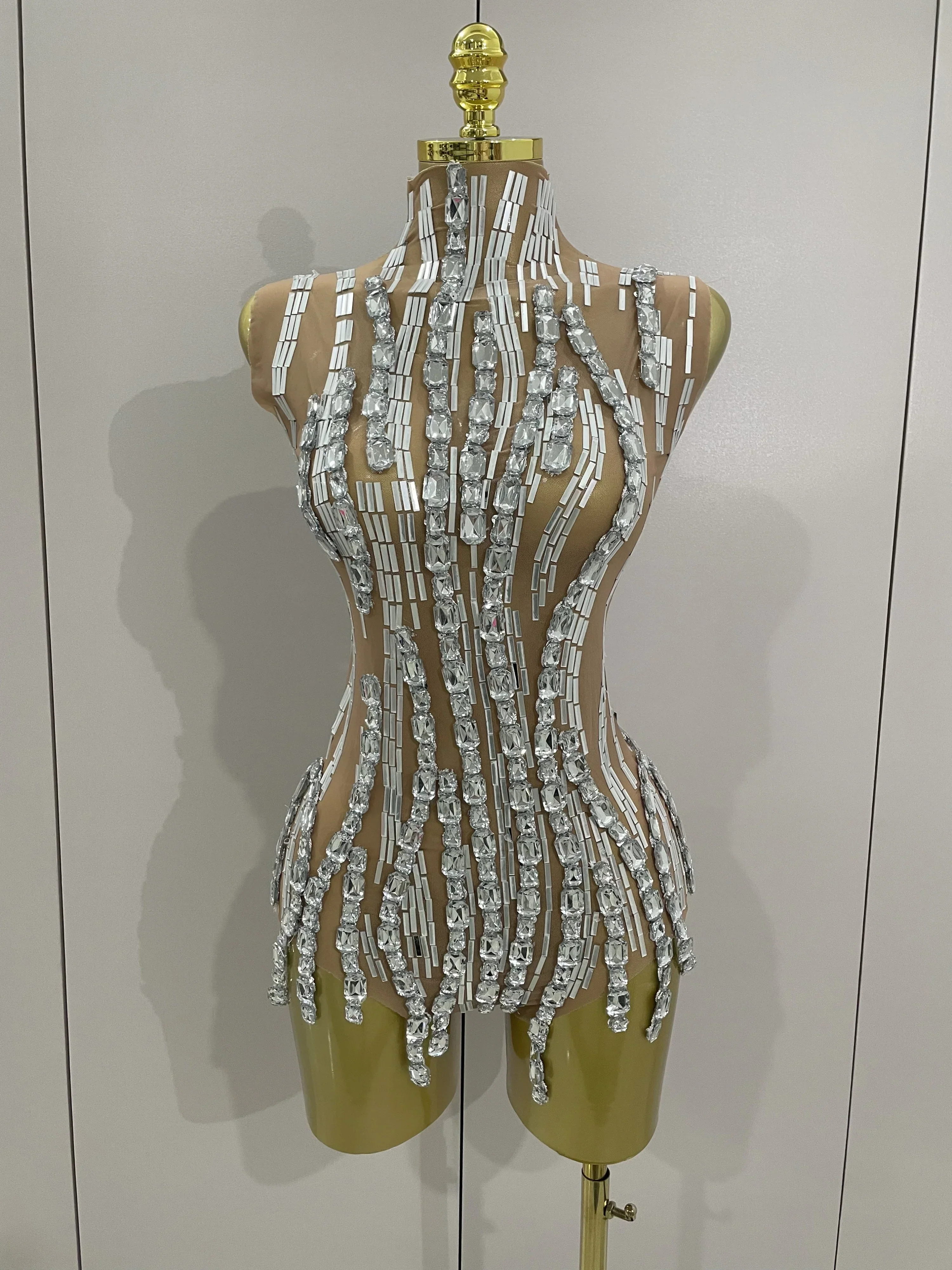 Sparkly Rhinestone Chain Sexy Transparent Sleeveless Bodysuit Women Party Nightclub Team Performance Costume Show Stage Wear