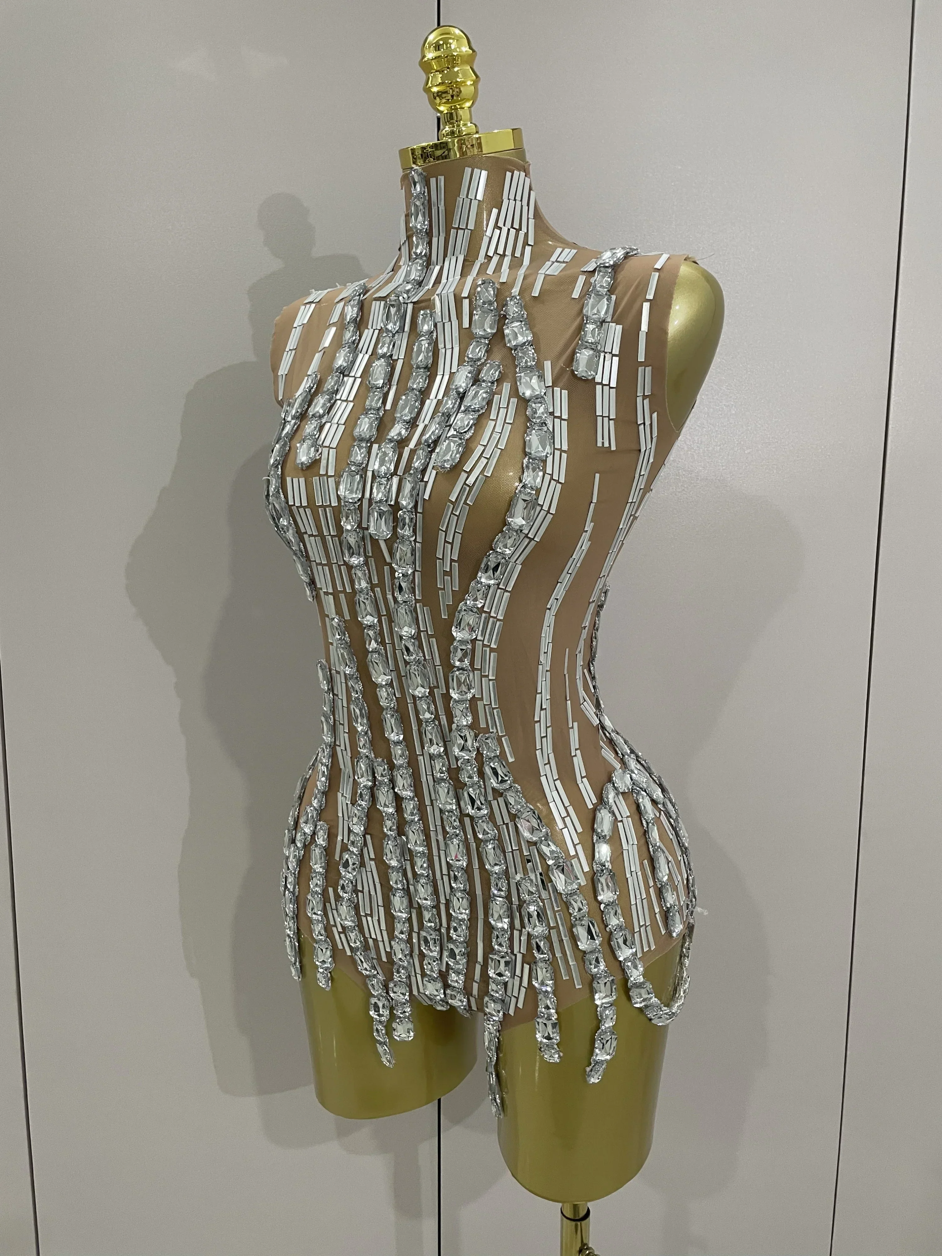 Sparkly Rhinestone Chain Sexy Transparent Sleeveless Bodysuit Women Party Nightclub Team Performance Costume Show Stage Wear - Image 2