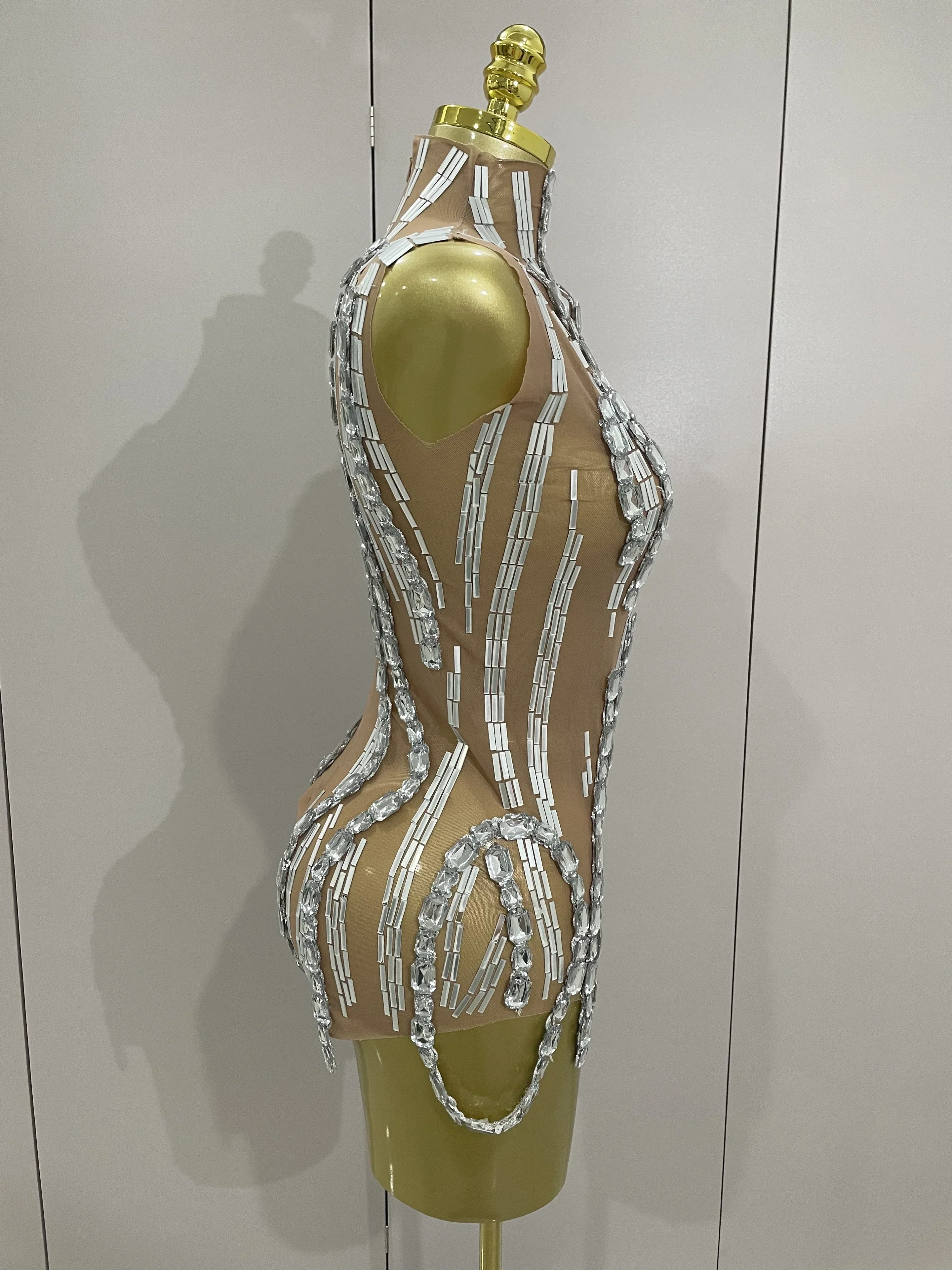 Sparkly Rhinestone Chain Sexy Transparent Sleeveless Bodysuit Women Party Nightclub Team Performance Costume Show Stage Wear - Image 4