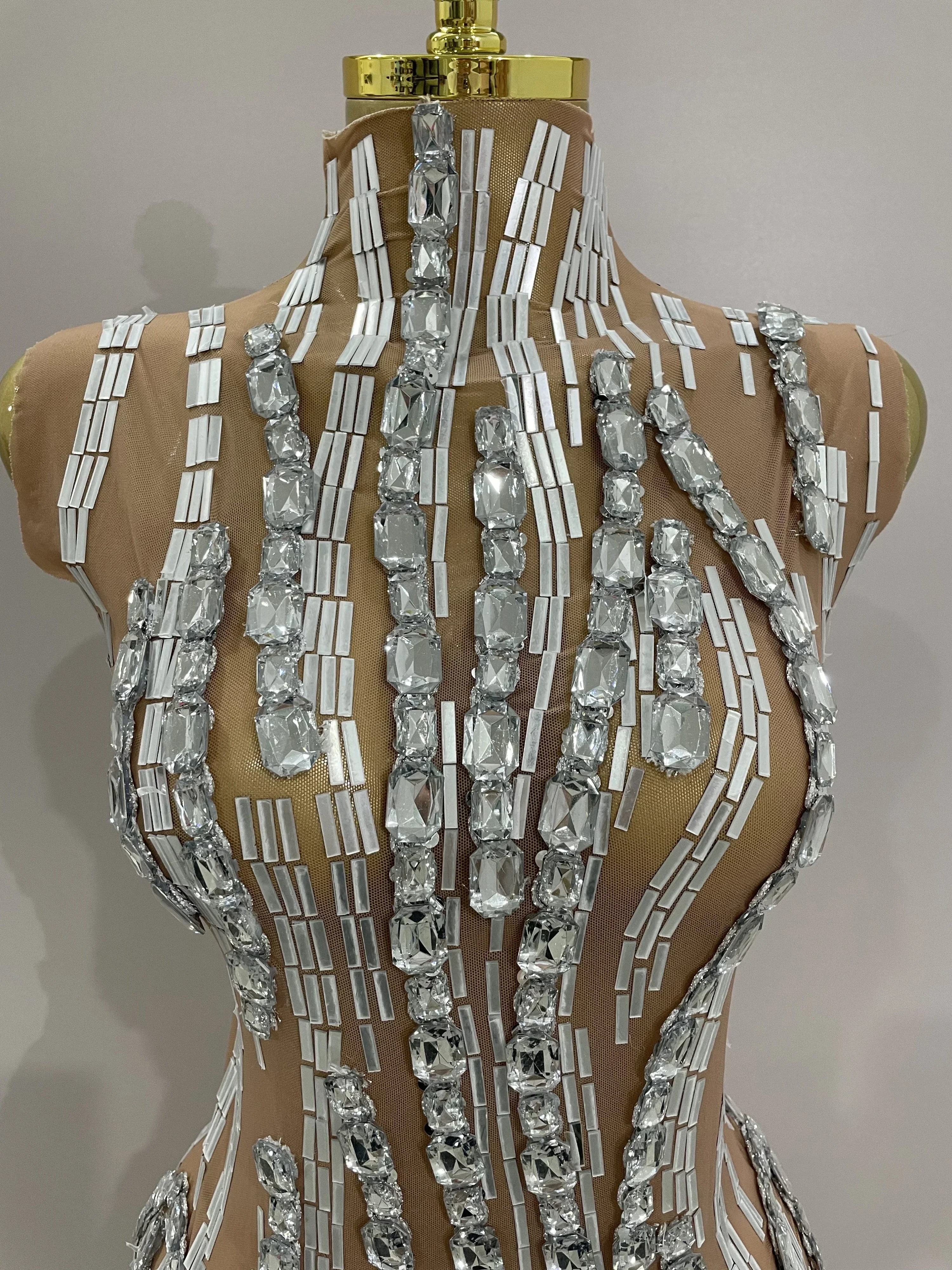 Sparkly Rhinestone Chain Sexy Transparent Sleeveless Bodysuit Women Party Nightclub Team Performance Costume Show Stage Wear - Image 5