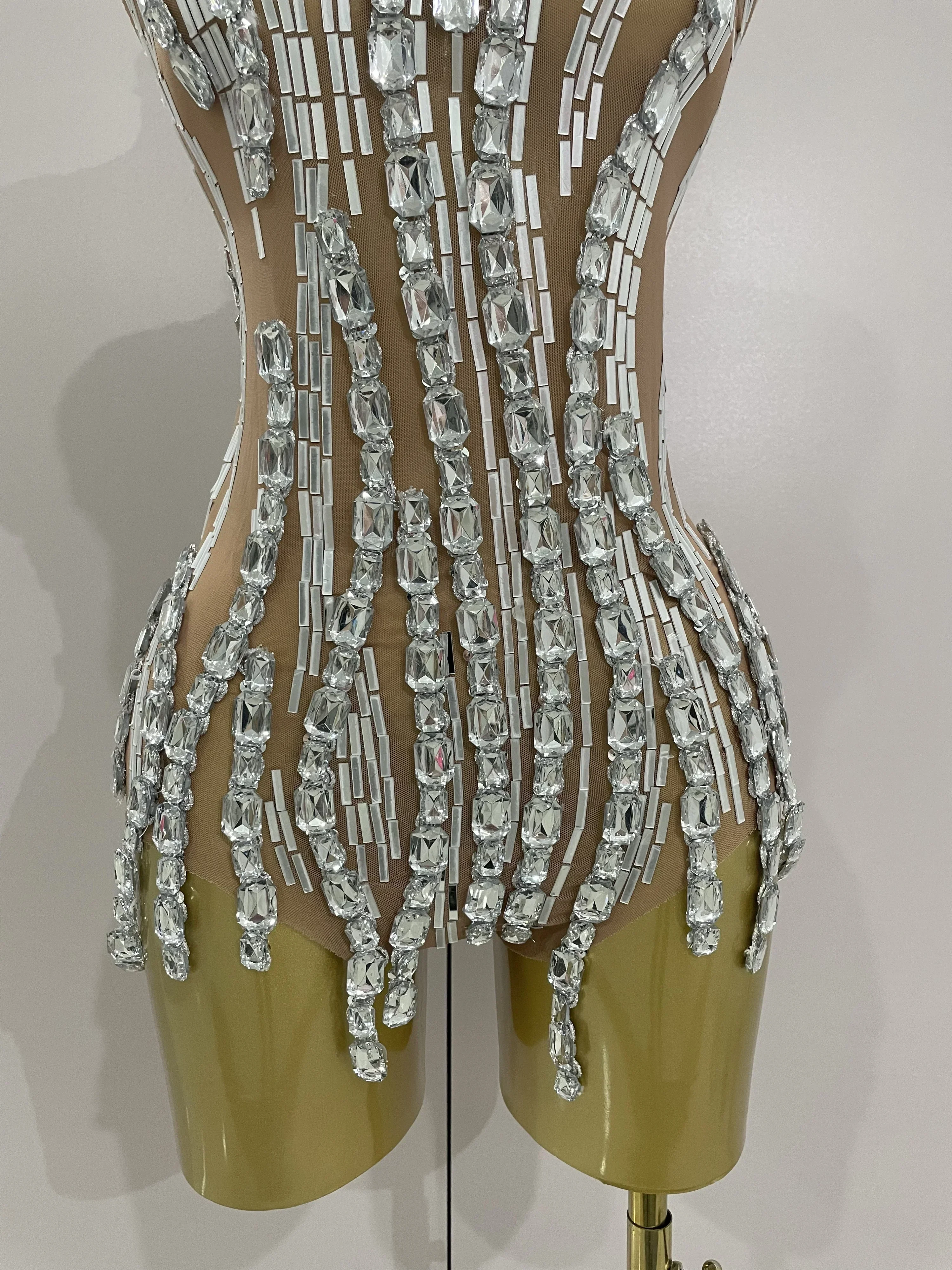 Sparkly Rhinestone Chain Sexy Transparent Sleeveless Bodysuit Women Party Nightclub Team Performance Costume Show Stage Wear - Image 6