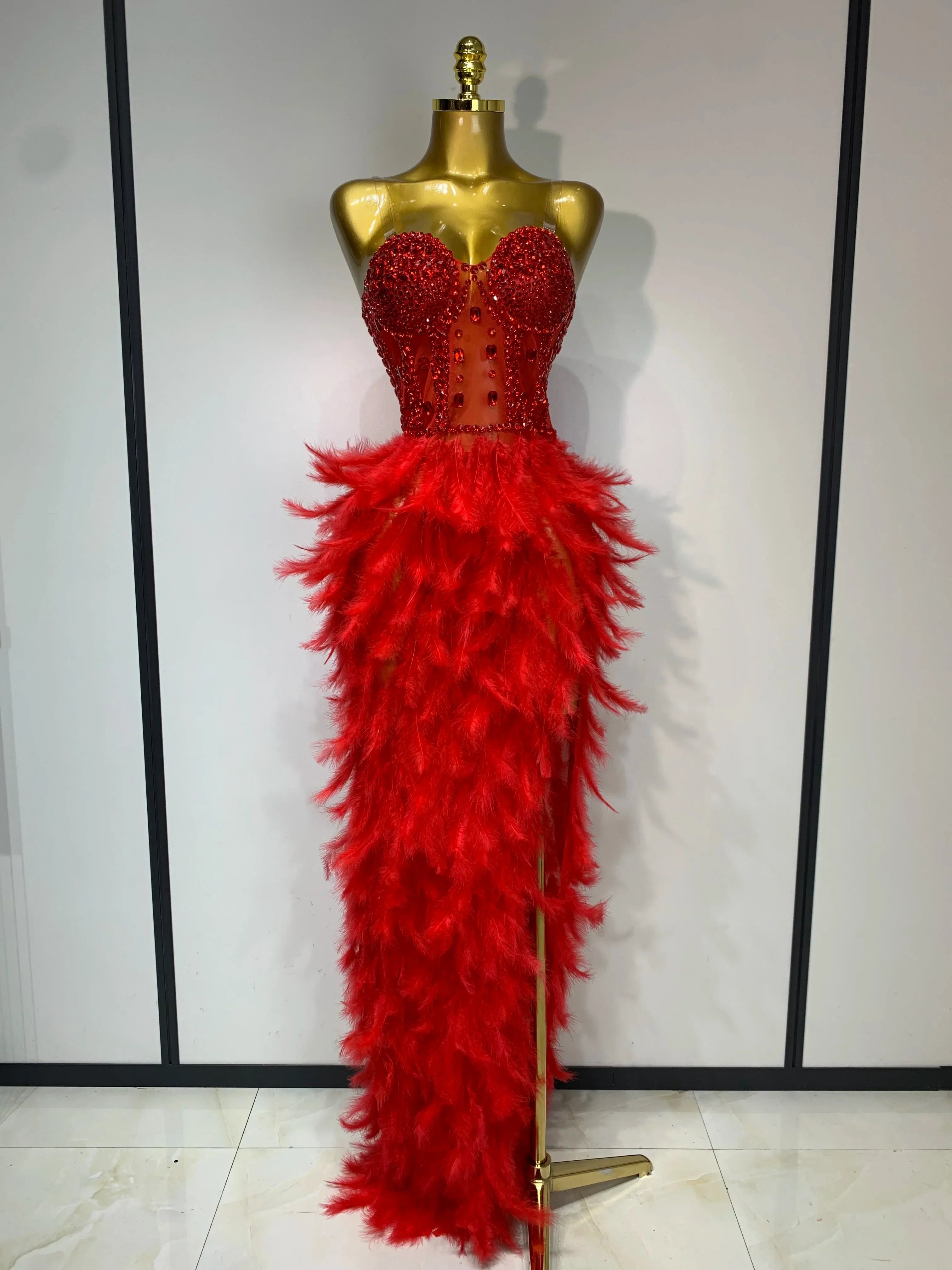 Sparkly Rhinestone Feather Mesh Long Dress Women Sexy Elegant Evening Party Luxury Birthday Photo Shoot Performance Costume