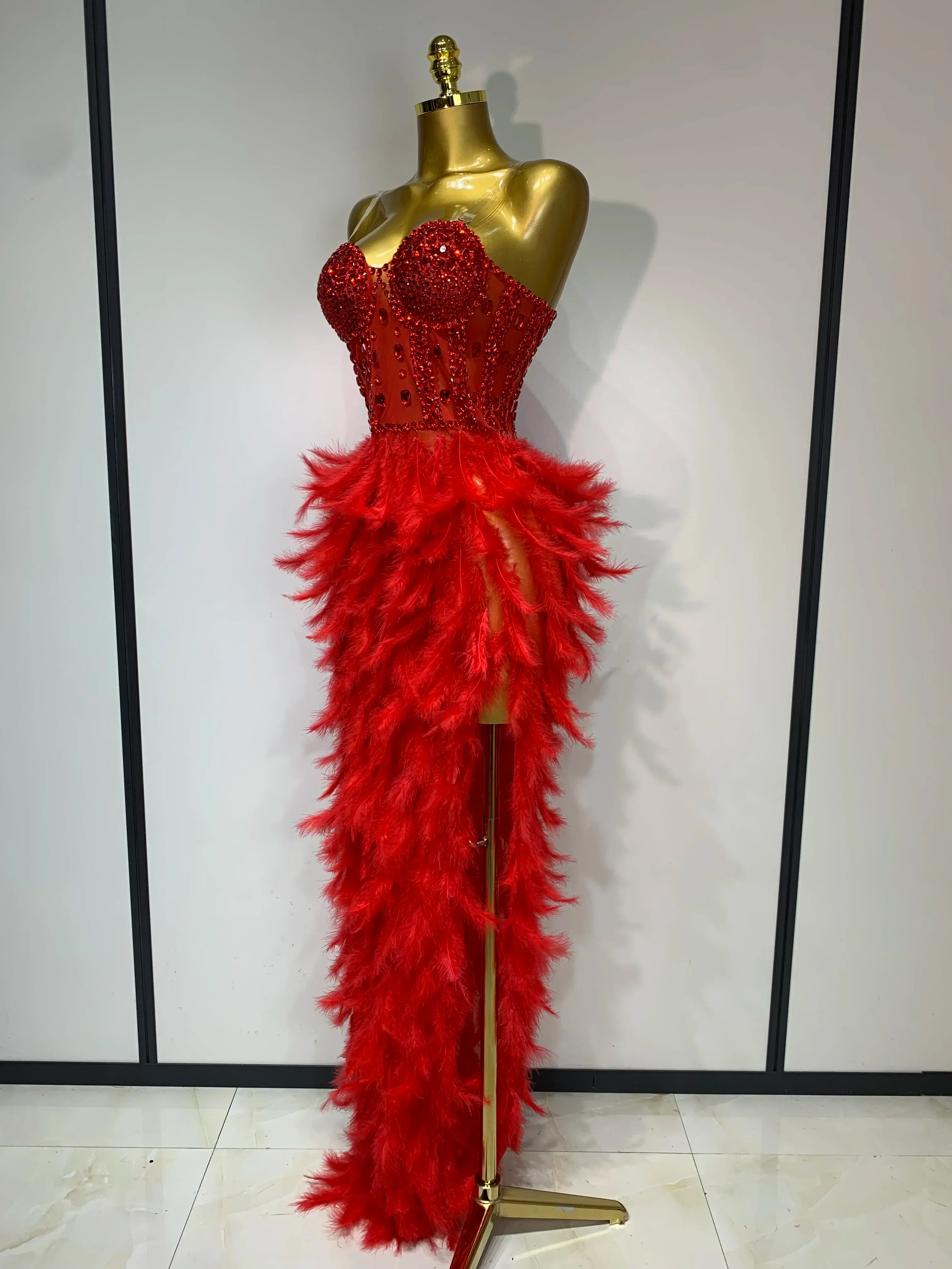 Sparkly Rhinestone Feather Mesh Long Dress Women Sexy Elegant Evening Party Luxury Birthday Photo Shoot Performance Costume - Image 2