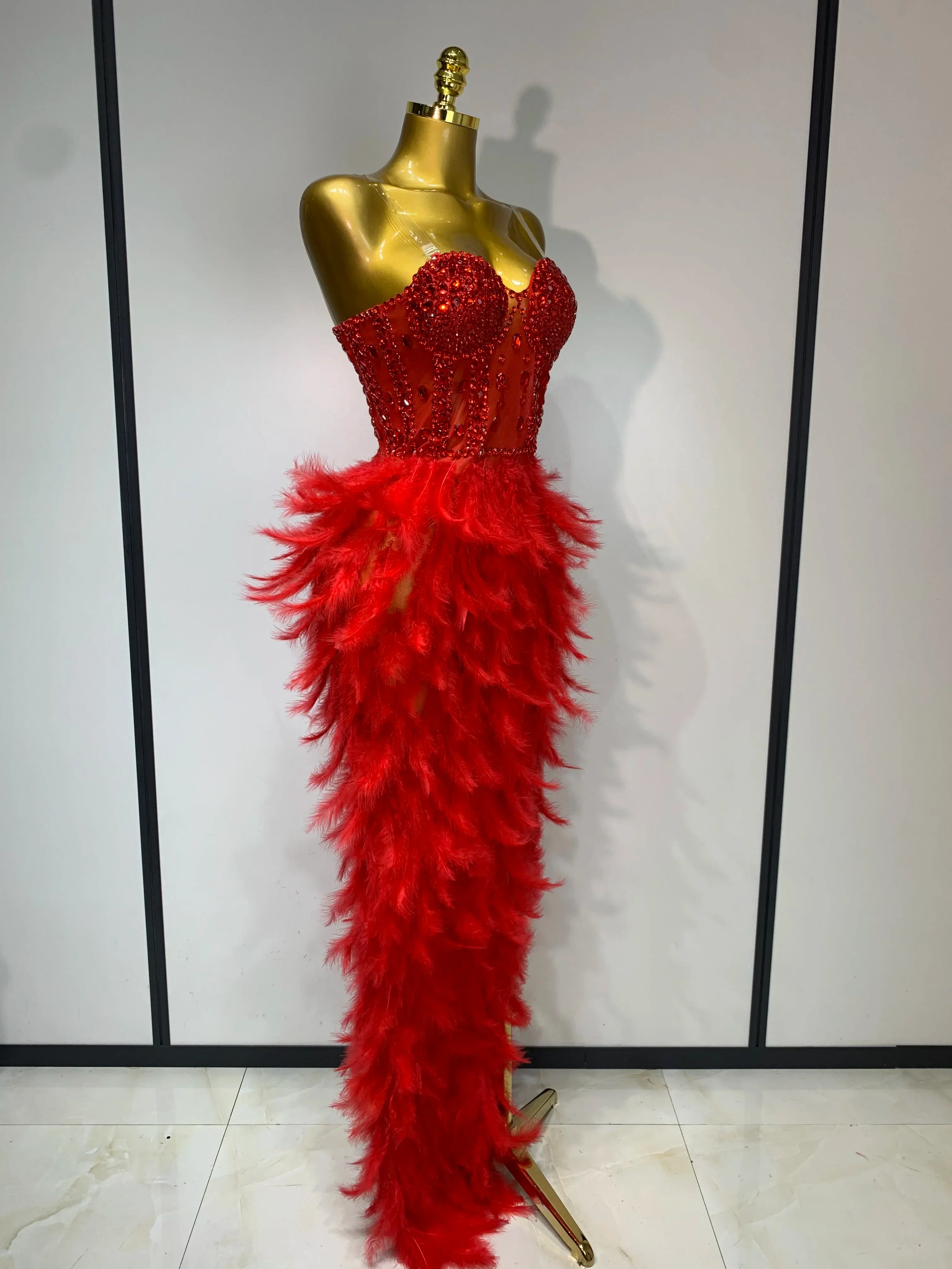 Sparkly Rhinestone Feather Mesh Long Dress Women Sexy Elegant Evening Party Luxury Birthday Photo Shoot Performance Costume - Image 3