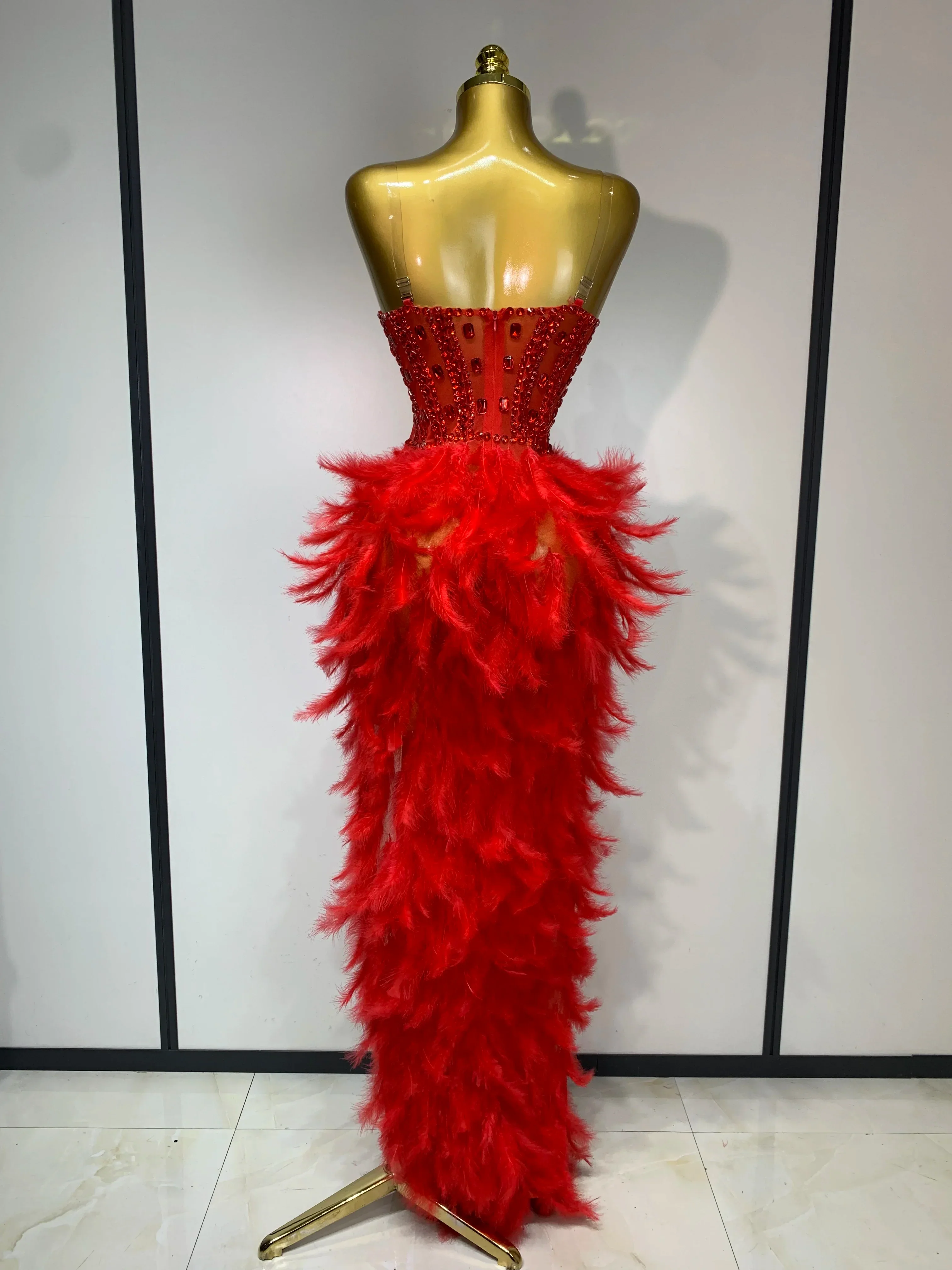 Sparkly Rhinestone Feather Mesh Long Dress Women Sexy Elegant Evening Party Luxury Birthday Photo Shoot Performance Costume - Image 4