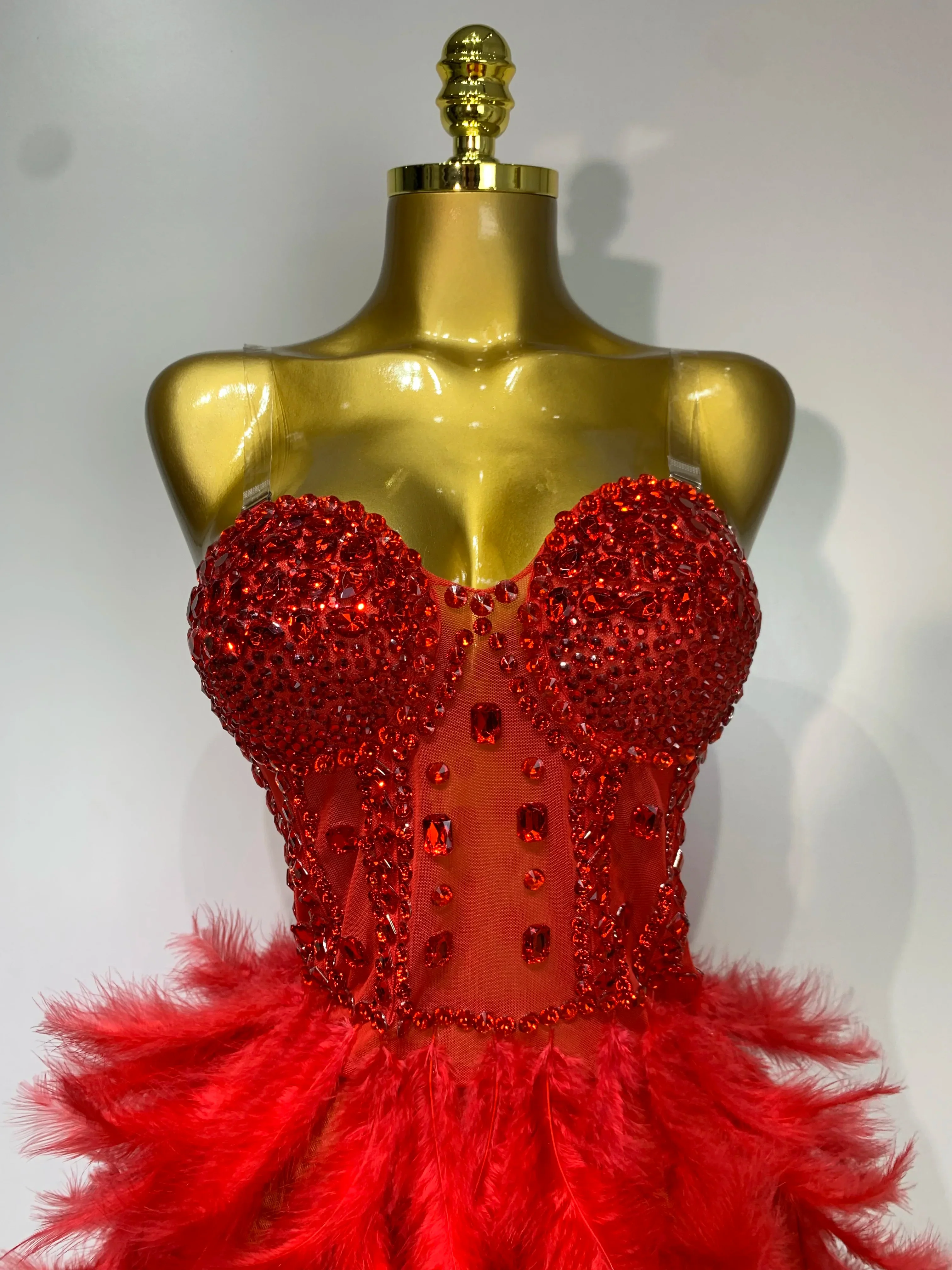 Sparkly Rhinestone Feather Mesh Long Dress Women Sexy Elegant Evening Party Luxury Birthday Photo Shoot Performance Costume - Image 5