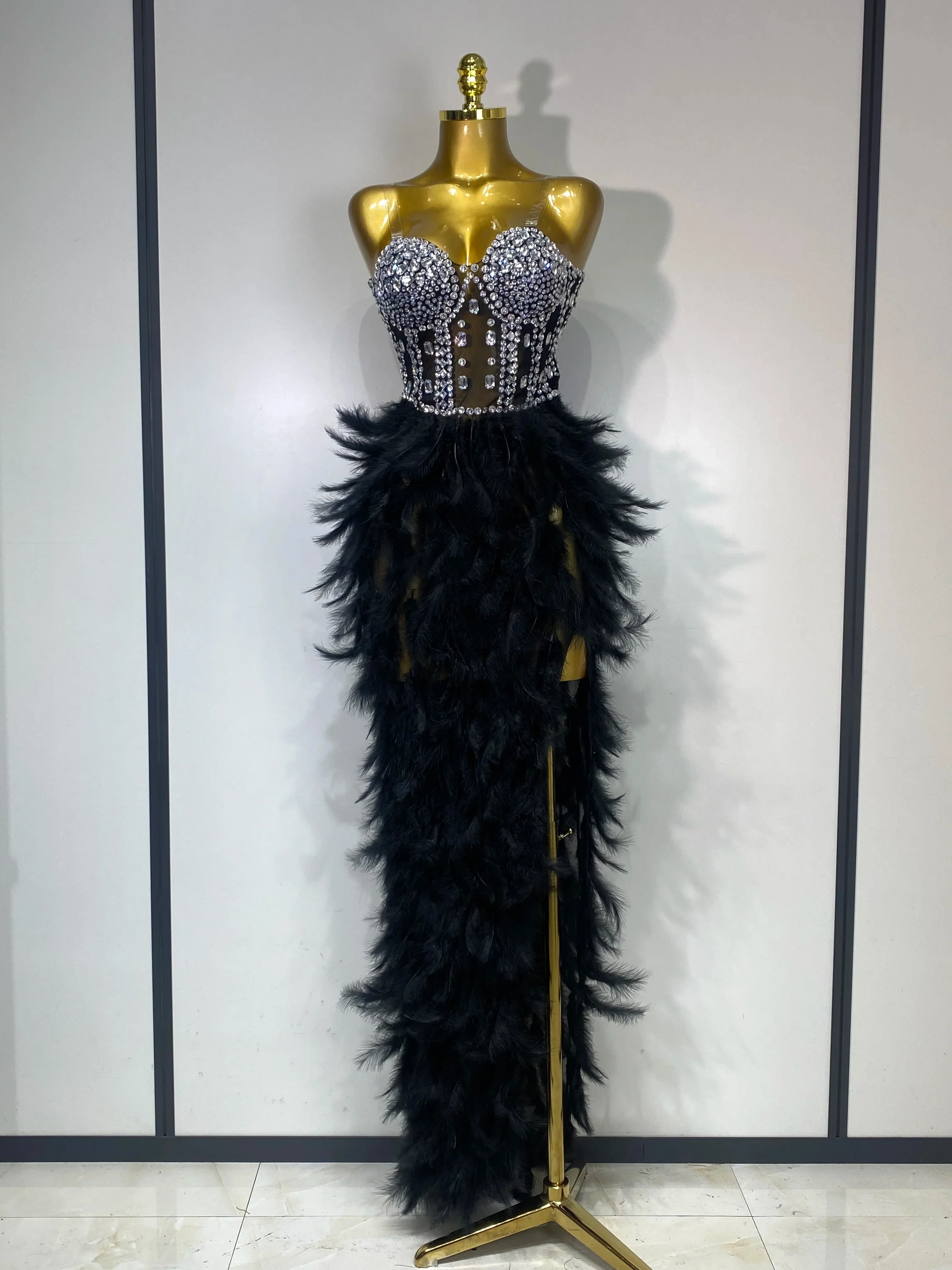 Sparkly Rhinestone Feather Mesh Long Dress Women Sexy Elegant Evening Party Luxury Birthday Photo Shoot Performance Costume - Image 7