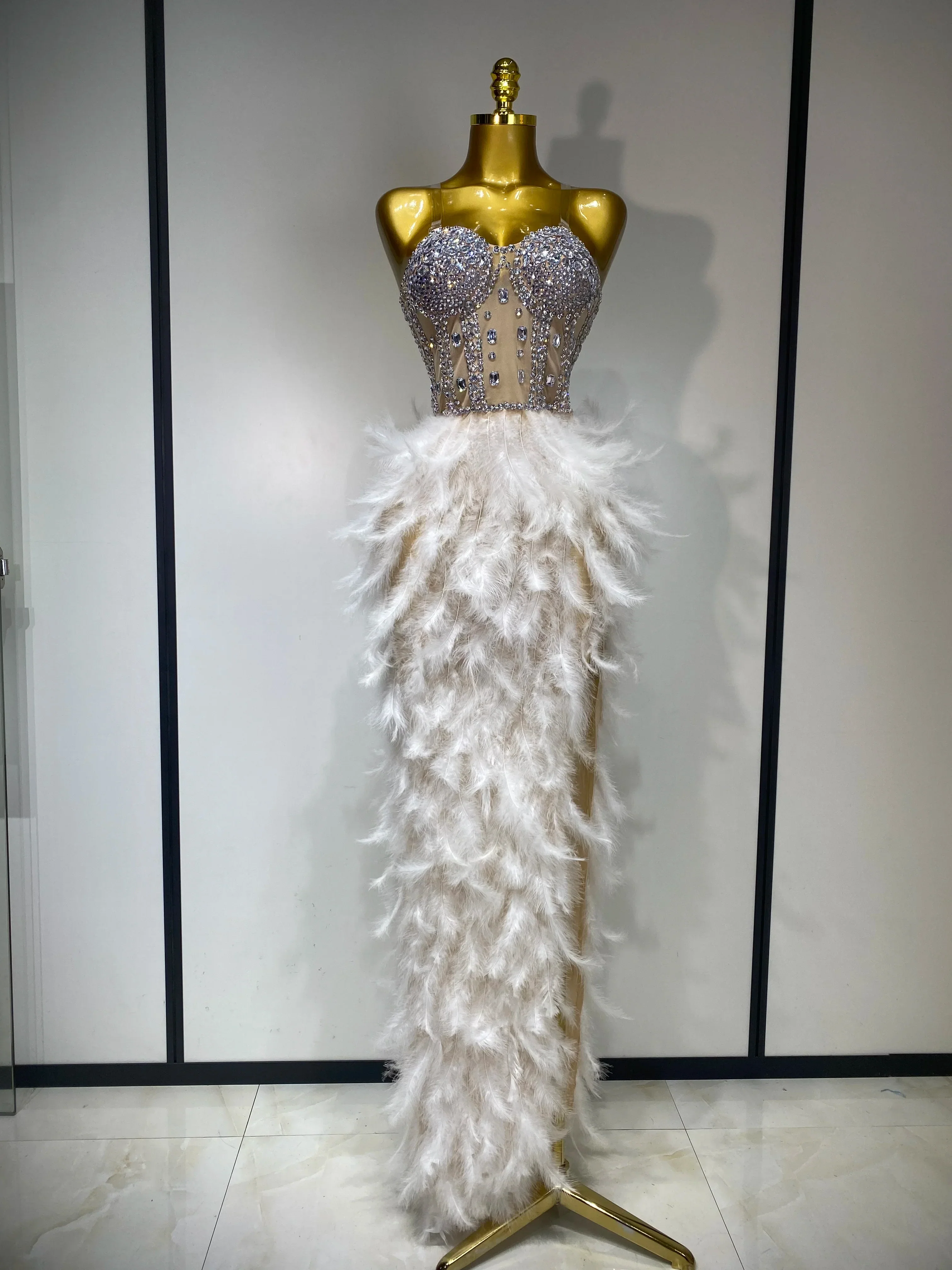 Sparkly Rhinestone Feather Mesh Long Dress Women Sexy Elegant Evening Party Luxury Birthday Photo Shoot Performance Costume - Image 8