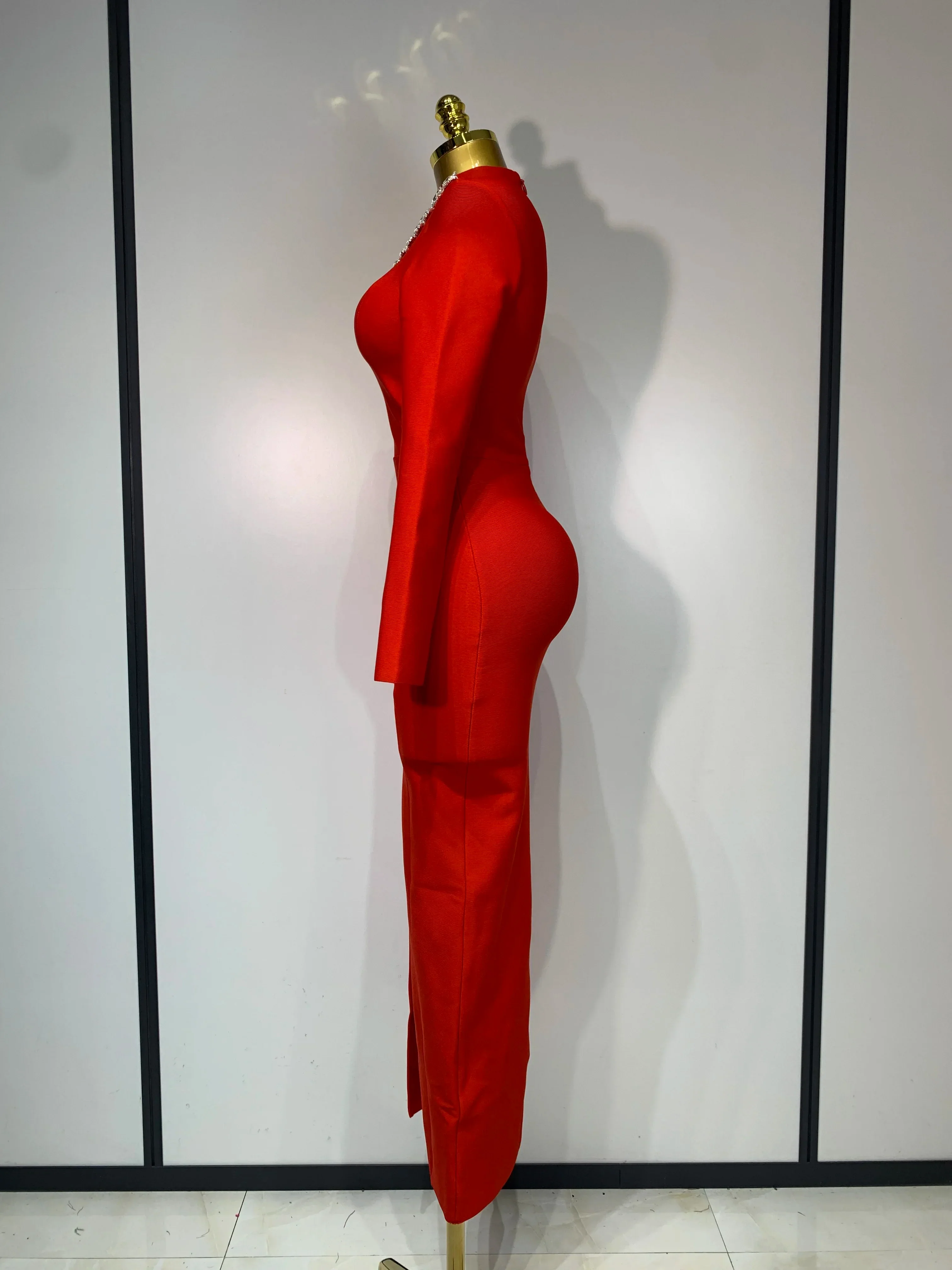 Sparkly Rhinestone Long Sleeve Red Bodycon Bandage Dress Women Wedding Evening Club Party Prom Gowns Luxury Birthday Dresses muslim - Image 3