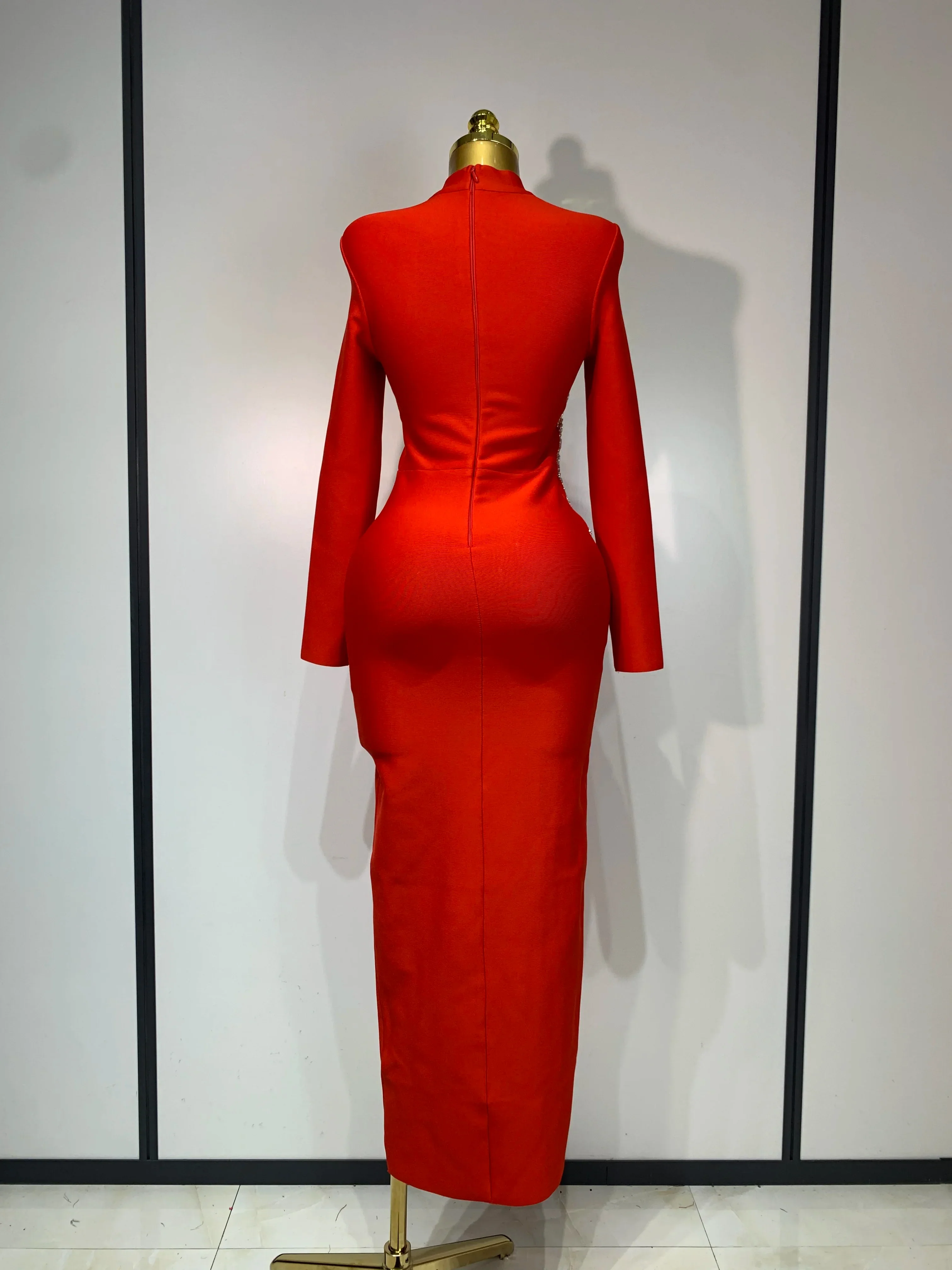 Sparkly Rhinestone Long Sleeve Red Bodycon Bandage Dress Women Wedding Evening Club Party Prom Gowns Luxury Birthday Dresses muslim - Image 4