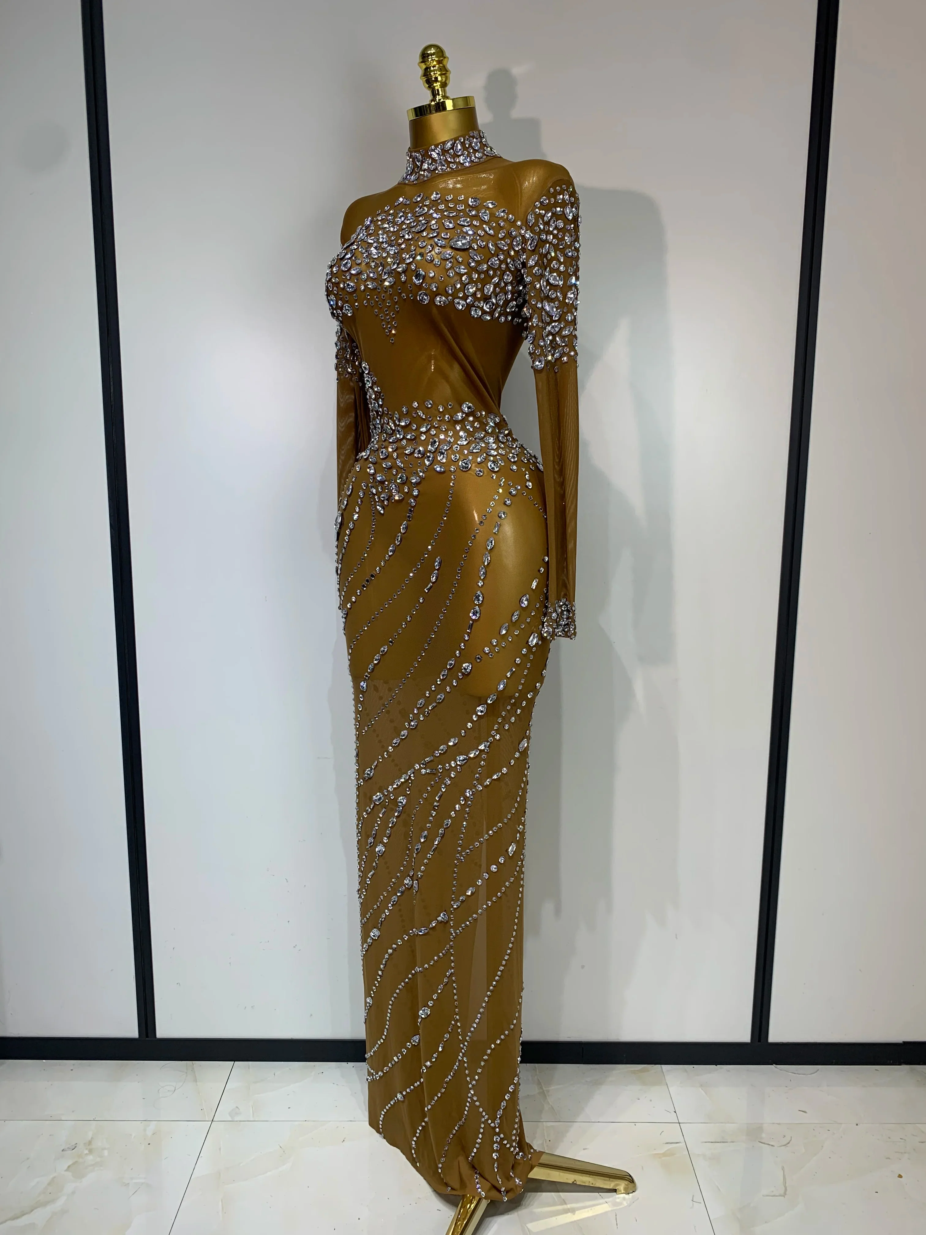Sparkly Rhinestone Mesh Transparent Brown Long Dress Evening Party Luxury Birthday Celebrate Costume Nightclub Dancer Outfit - Image 2