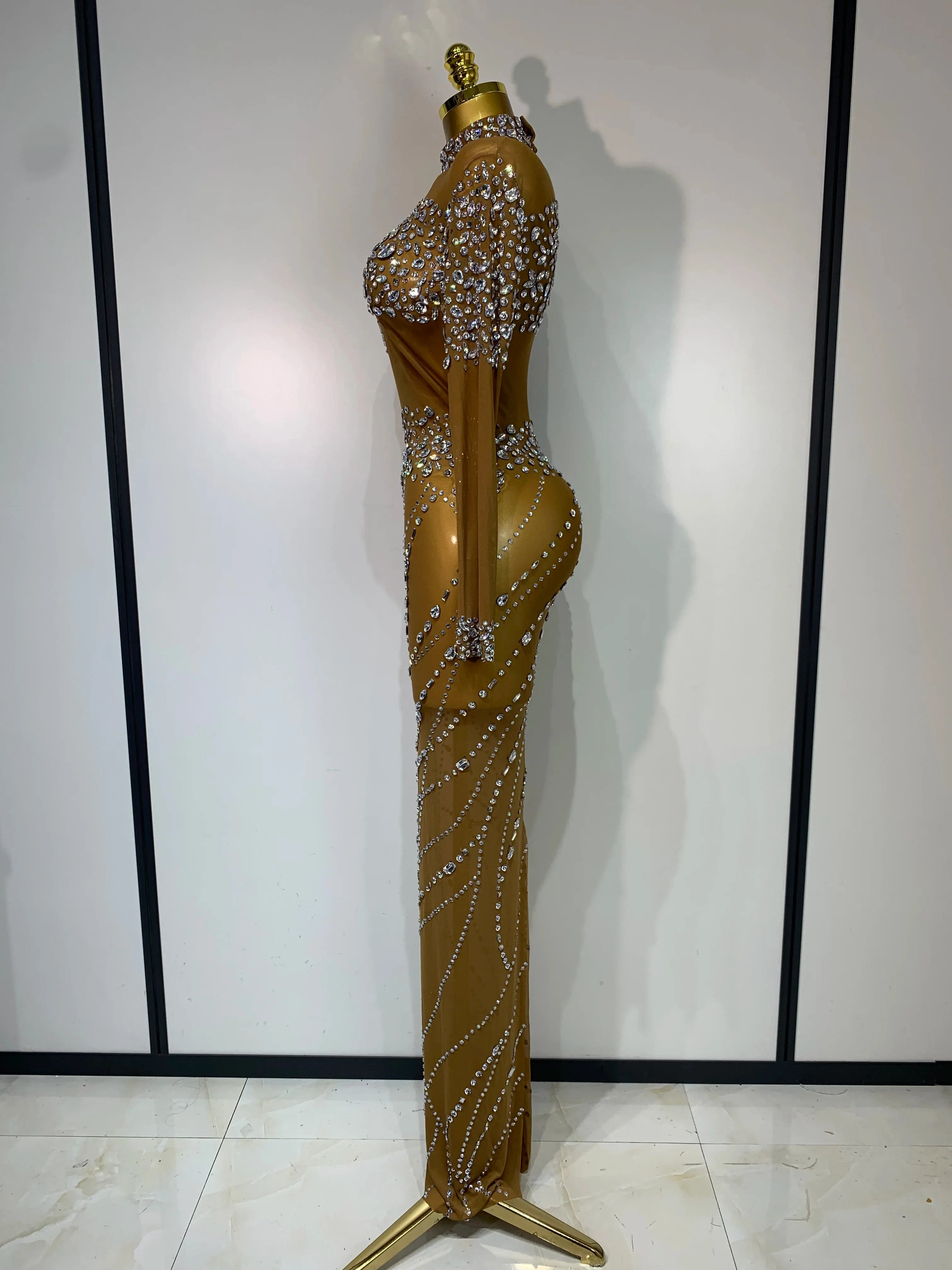 Sparkly Rhinestone Mesh Transparent Brown Long Dress Evening Party Luxury Birthday Celebrate Costume Nightclub Dancer Outfit - Image 3