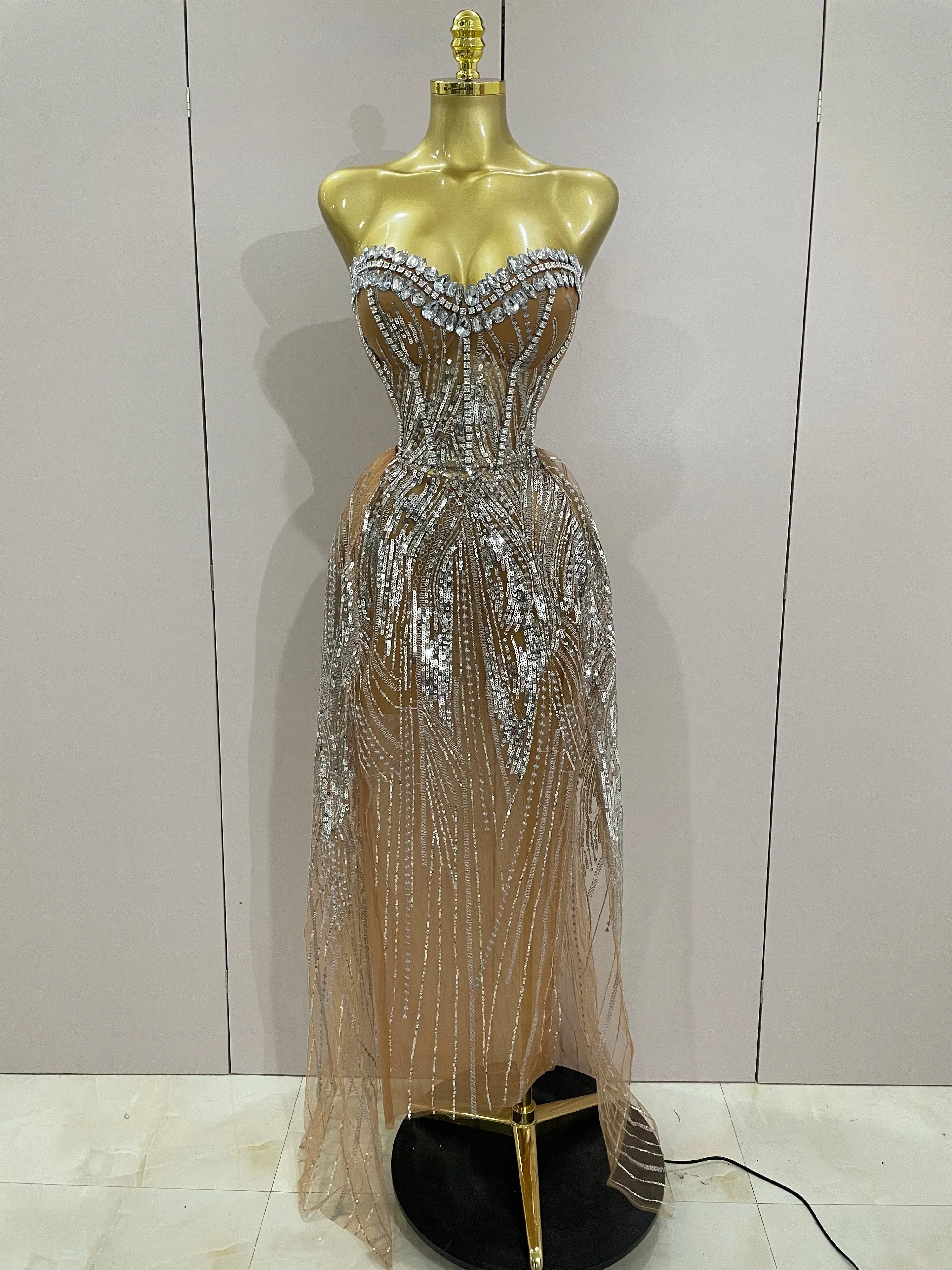 Sparkly Rhinestone Sequins Sexy Strapless See-Through Long Dress Women Evening Birthday Party Dress Nightclub Stage Costume
