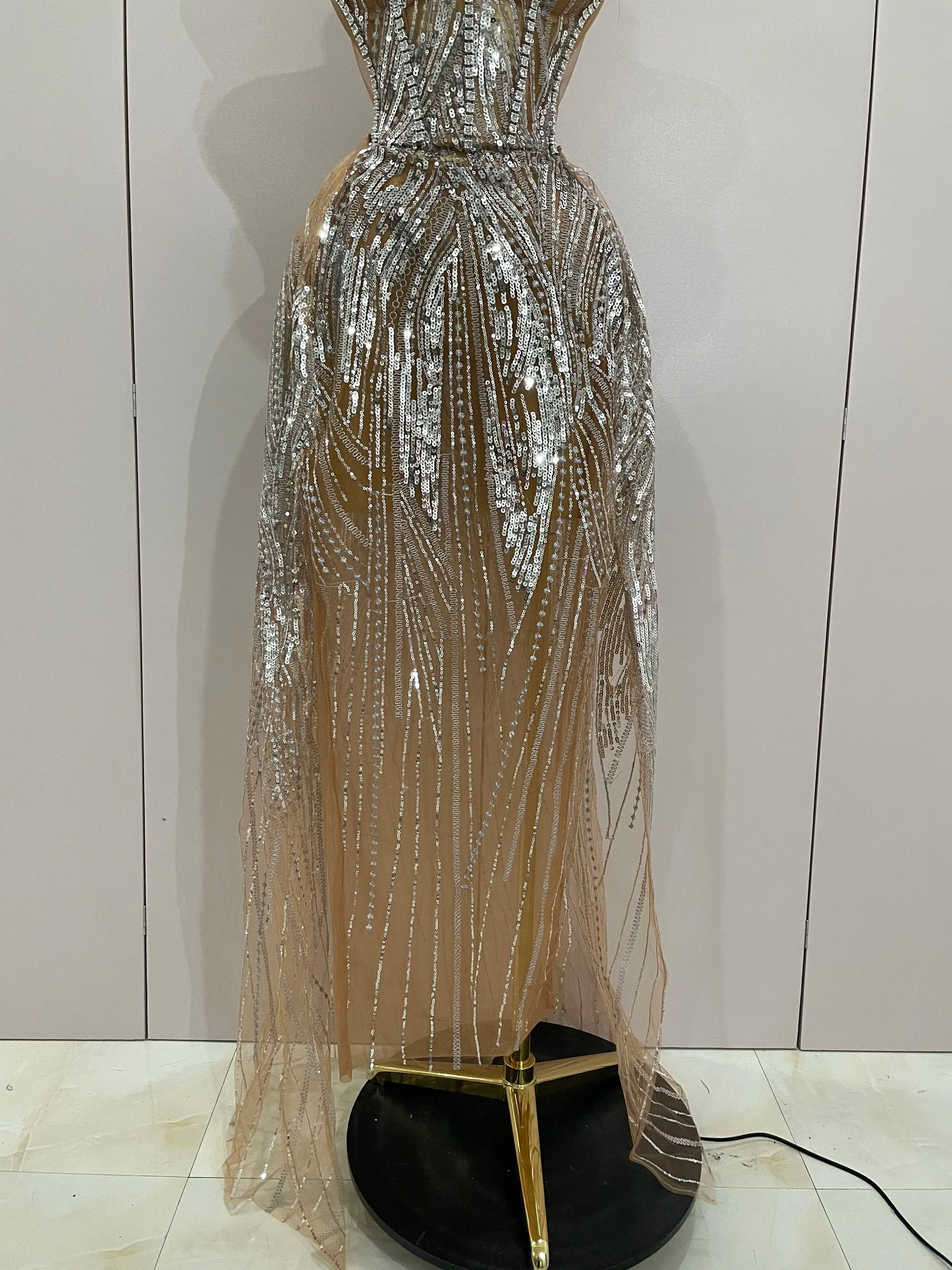 Sparkly Rhinestone Sequins Sexy Strapless See-Through Long Dress Women Evening Birthday Party Dress Nightclub Stage Costume - Image 6