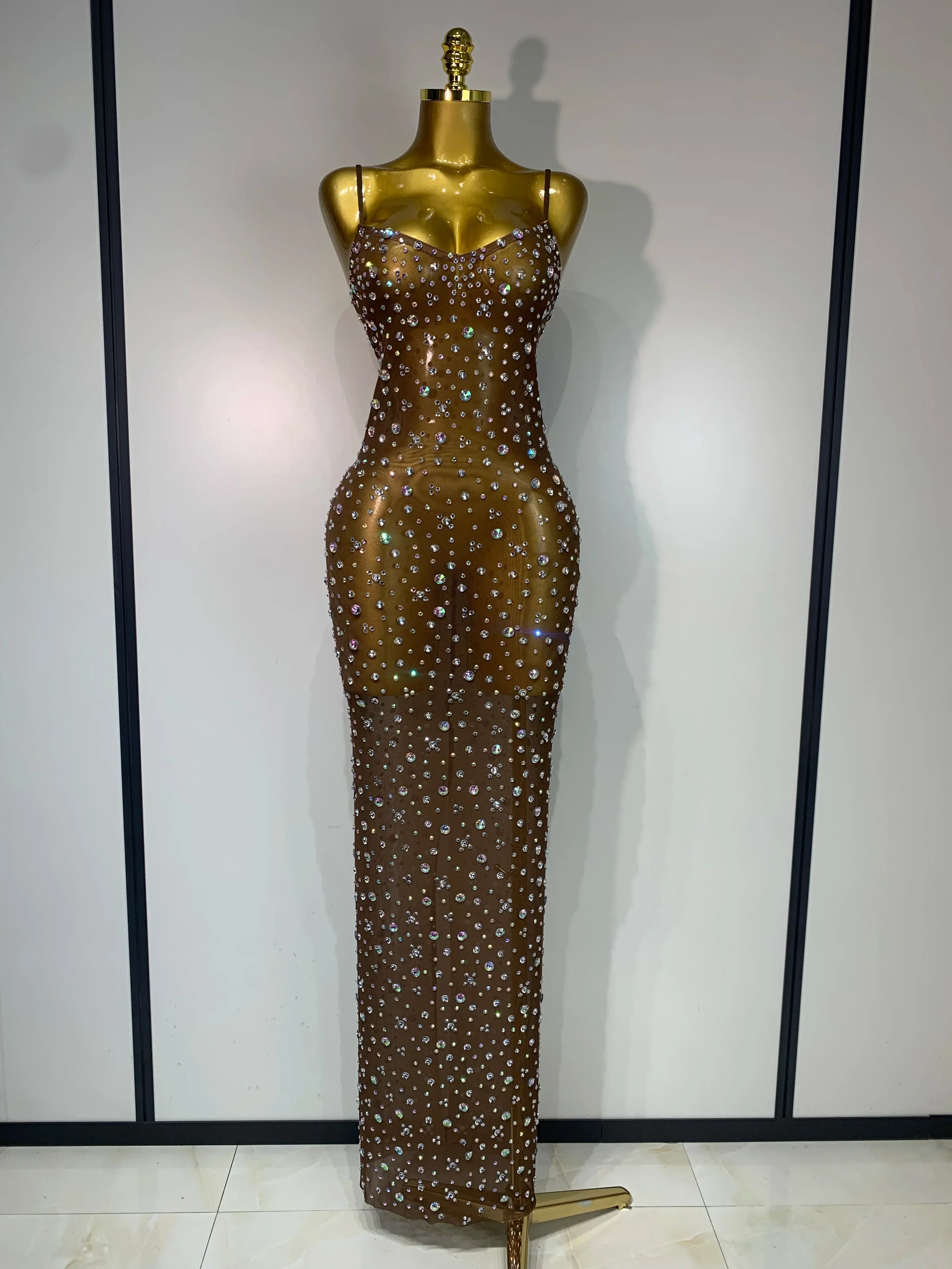 Sparkly Rhinestone Stretchy Mesh See Through Dress Women Performance Dancer Costume Luxury Birthday Nightclub Stage Outfit