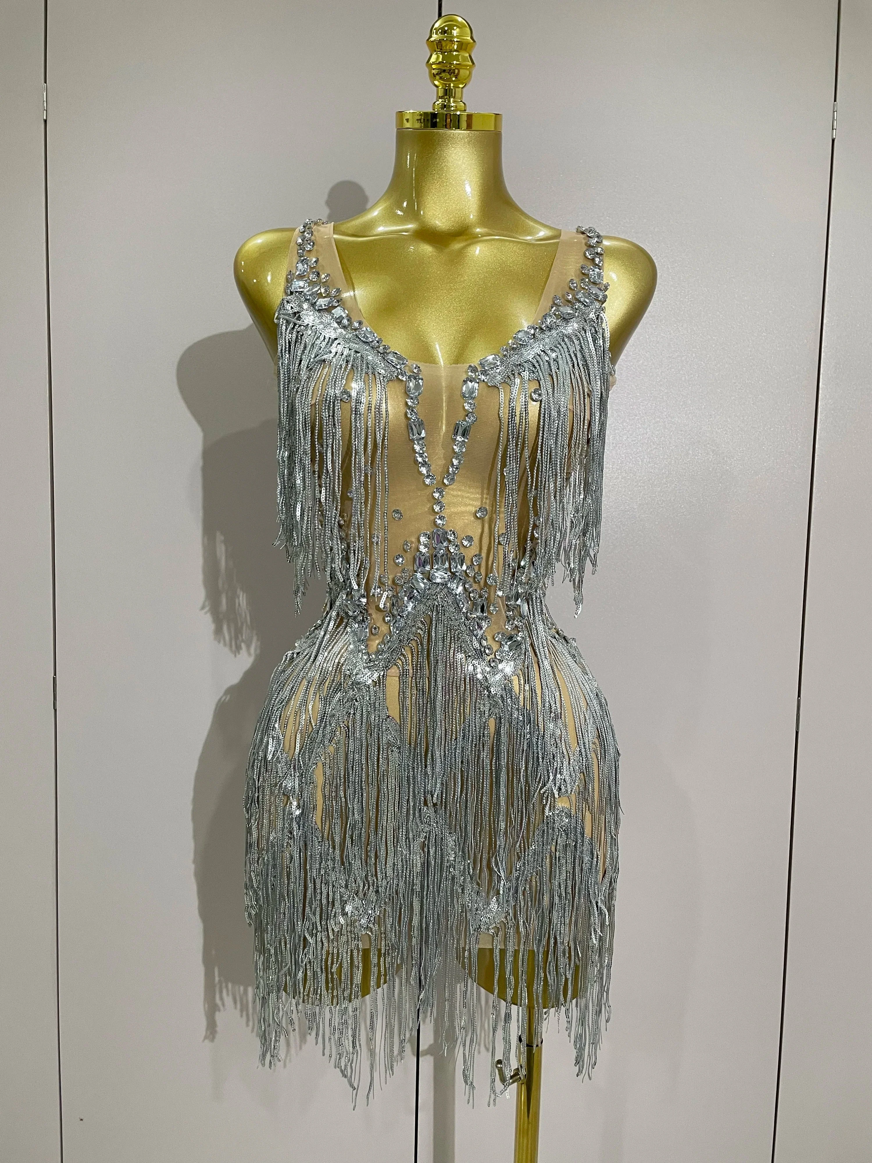 Sparkly Rhinestone Tassels Sexy Mesh Mini Dress Women Evening Birthday Party Dresses Nightclub Performance Stage Costume