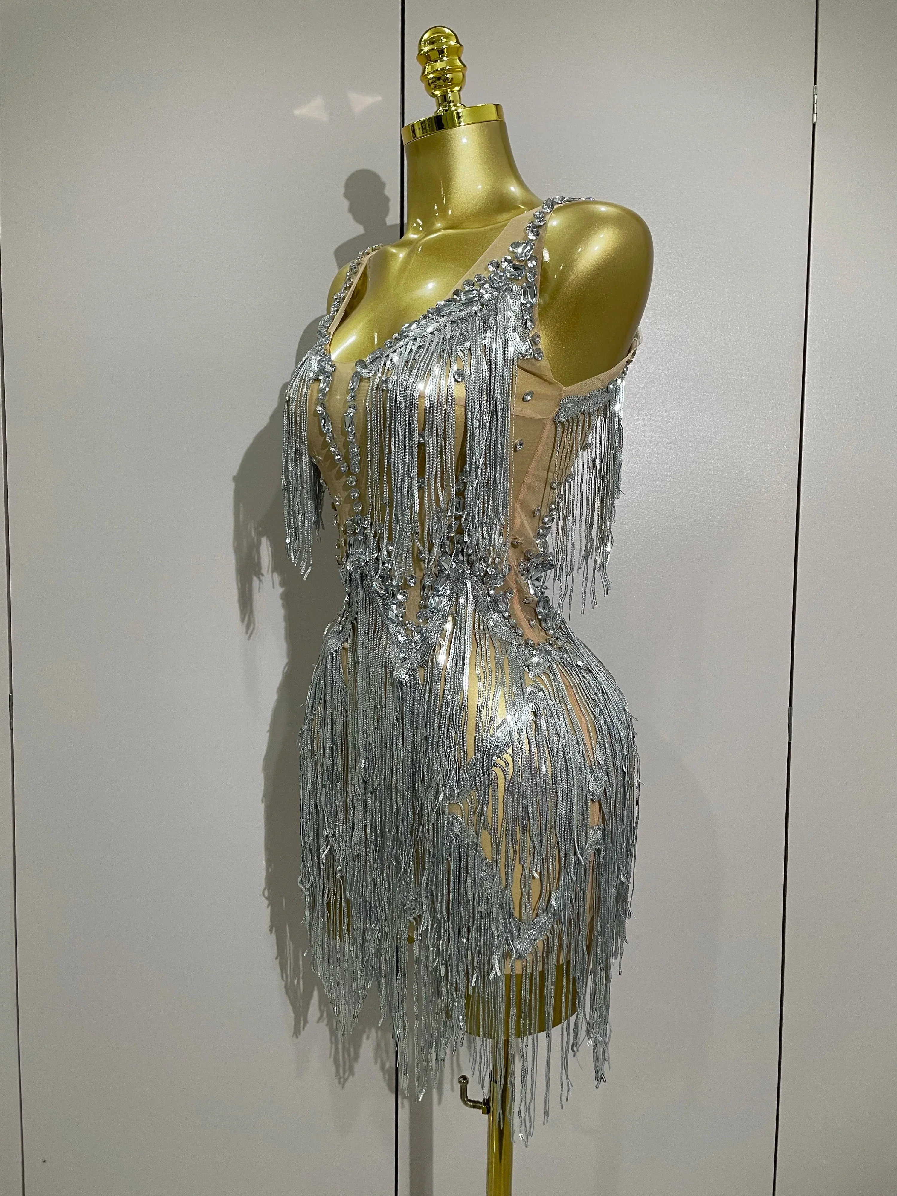 Sparkly Rhinestone Tassels Sexy Mesh Mini Dress Women Evening Birthday Party Dresses Nightclub Performance Stage Costume - Image 2