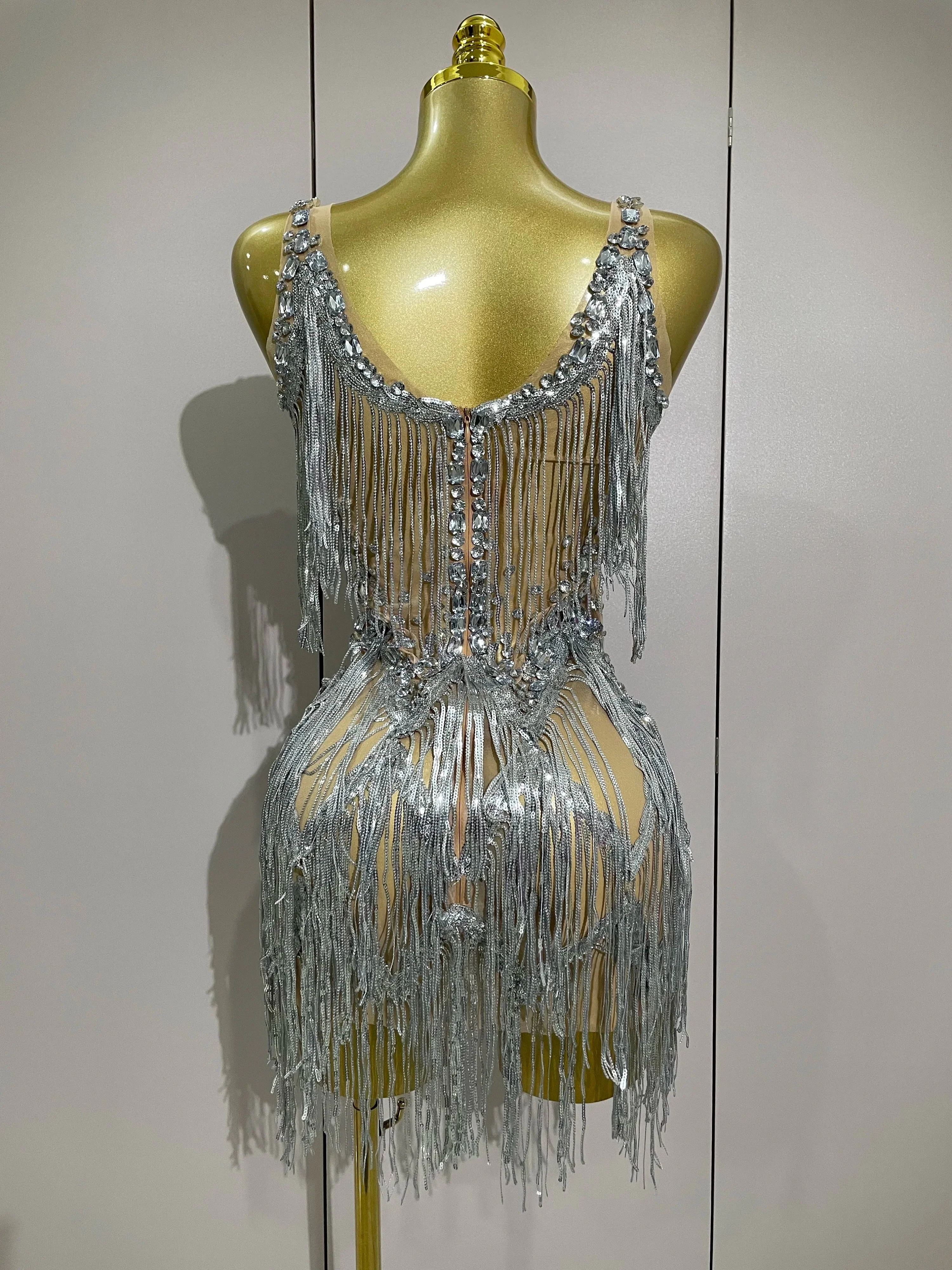Sparkly Rhinestone Tassels Sexy Mesh Mini Dress Women Evening Birthday Party Dresses Nightclub Performance Stage Costume - Image 3