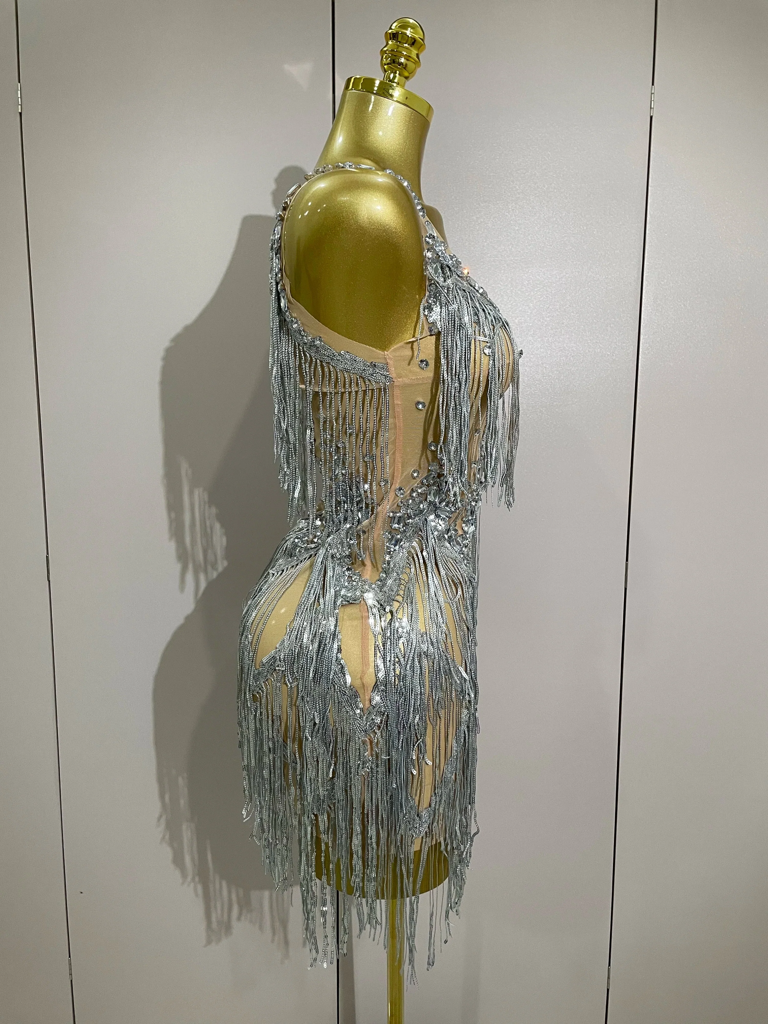 Sparkly Rhinestone Tassels Sexy Mesh Mini Dress Women Evening Birthday Party Dresses Nightclub Performance Stage Costume - Image 4