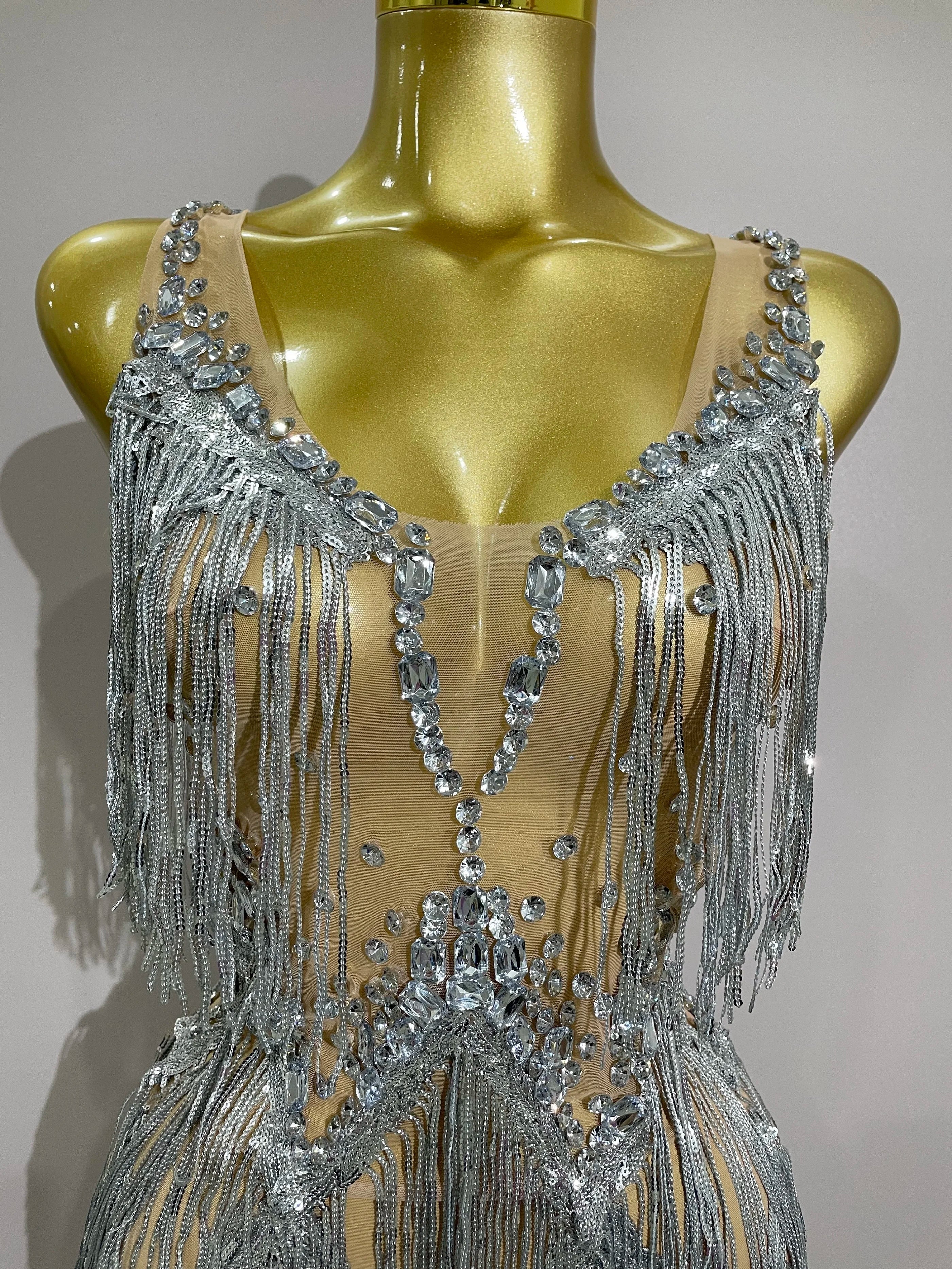 Sparkly Rhinestone Tassels Sexy Mesh Mini Dress Women Evening Birthday Party Dresses Nightclub Performance Stage Costume - Image 5