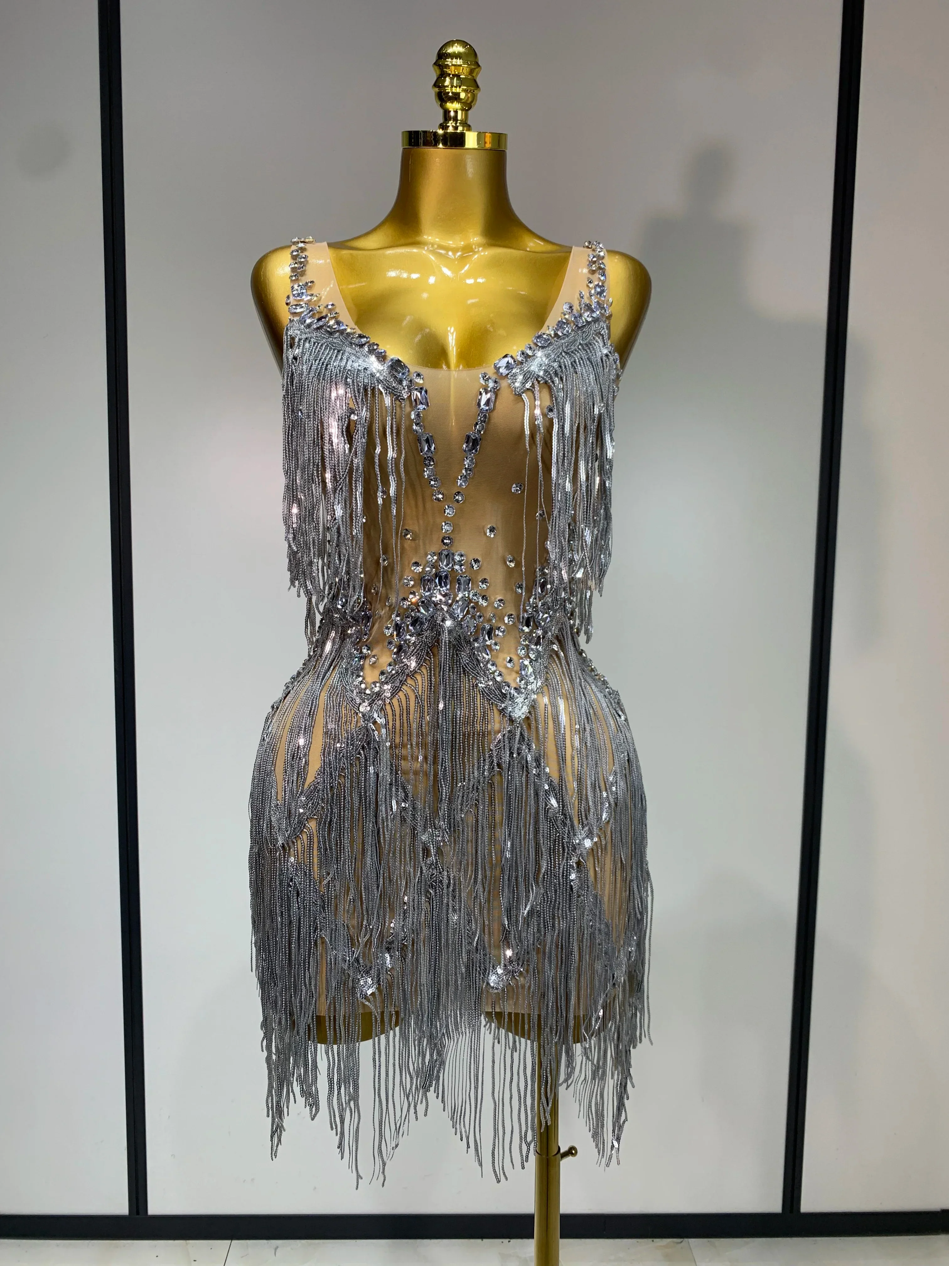 Sparkly Rhinestone Tassels Sexy Mesh See Through Dress Women Evening Party Luxury Birthday Nightclub Perform Stage Costume