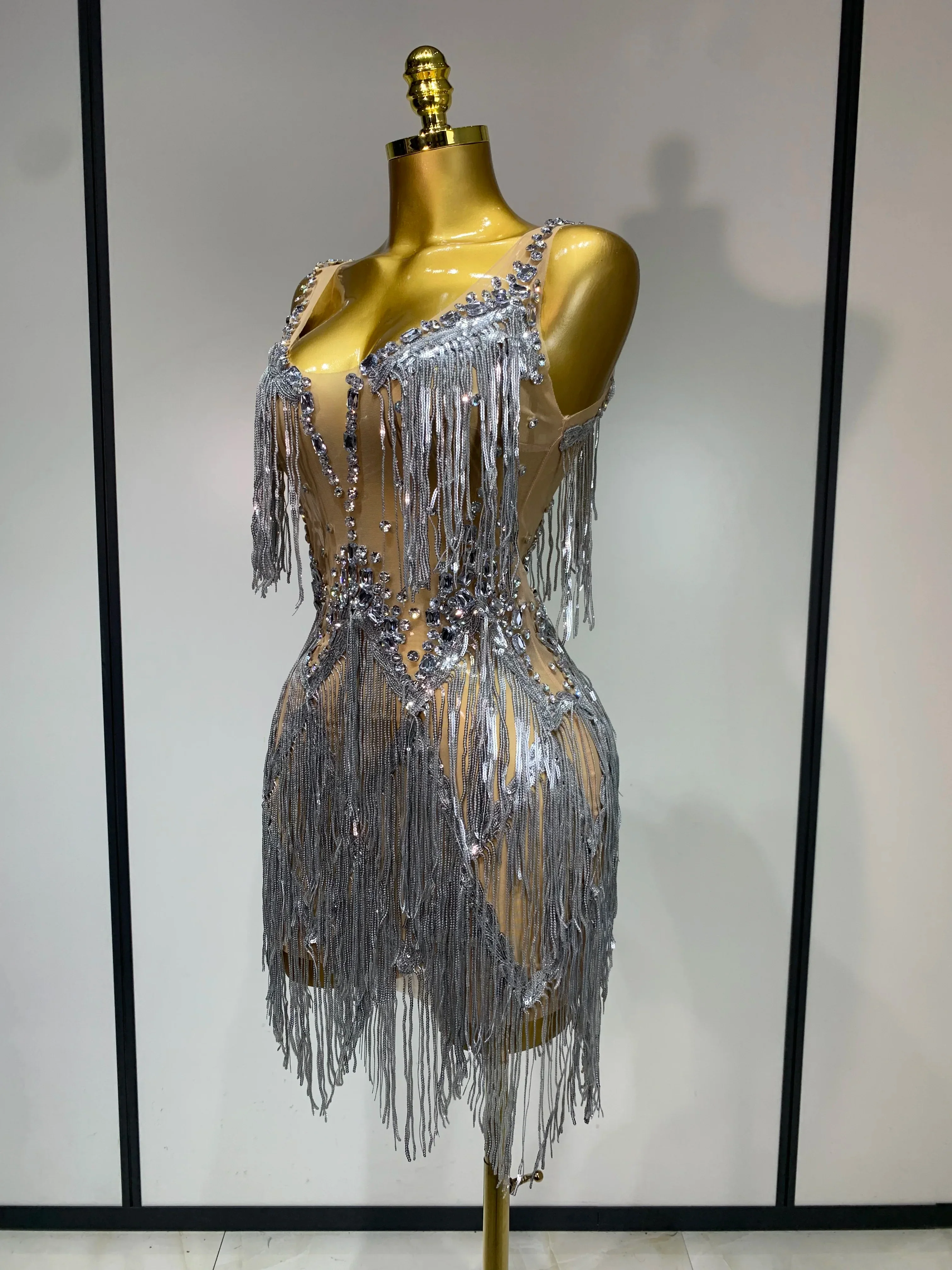 Sparkly Rhinestone Tassels Sexy Mesh See Through Dress Women Evening Party Luxury Birthday Nightclub Perform Stage Costume - Image 2