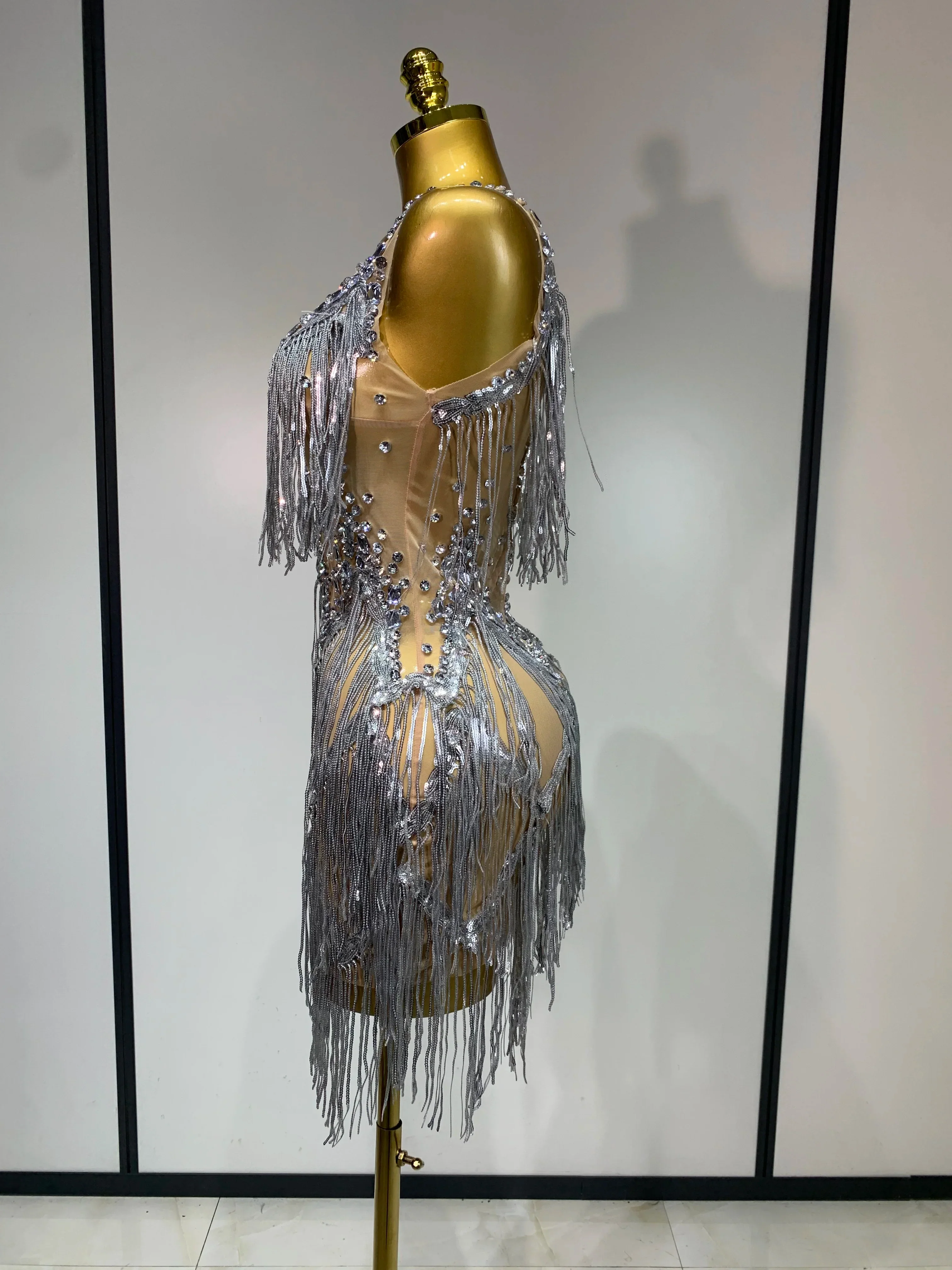 Sparkly Rhinestone Tassels Sexy Mesh See Through Dress Women Evening Party Luxury Birthday Nightclub Perform Stage Costume - Image 3