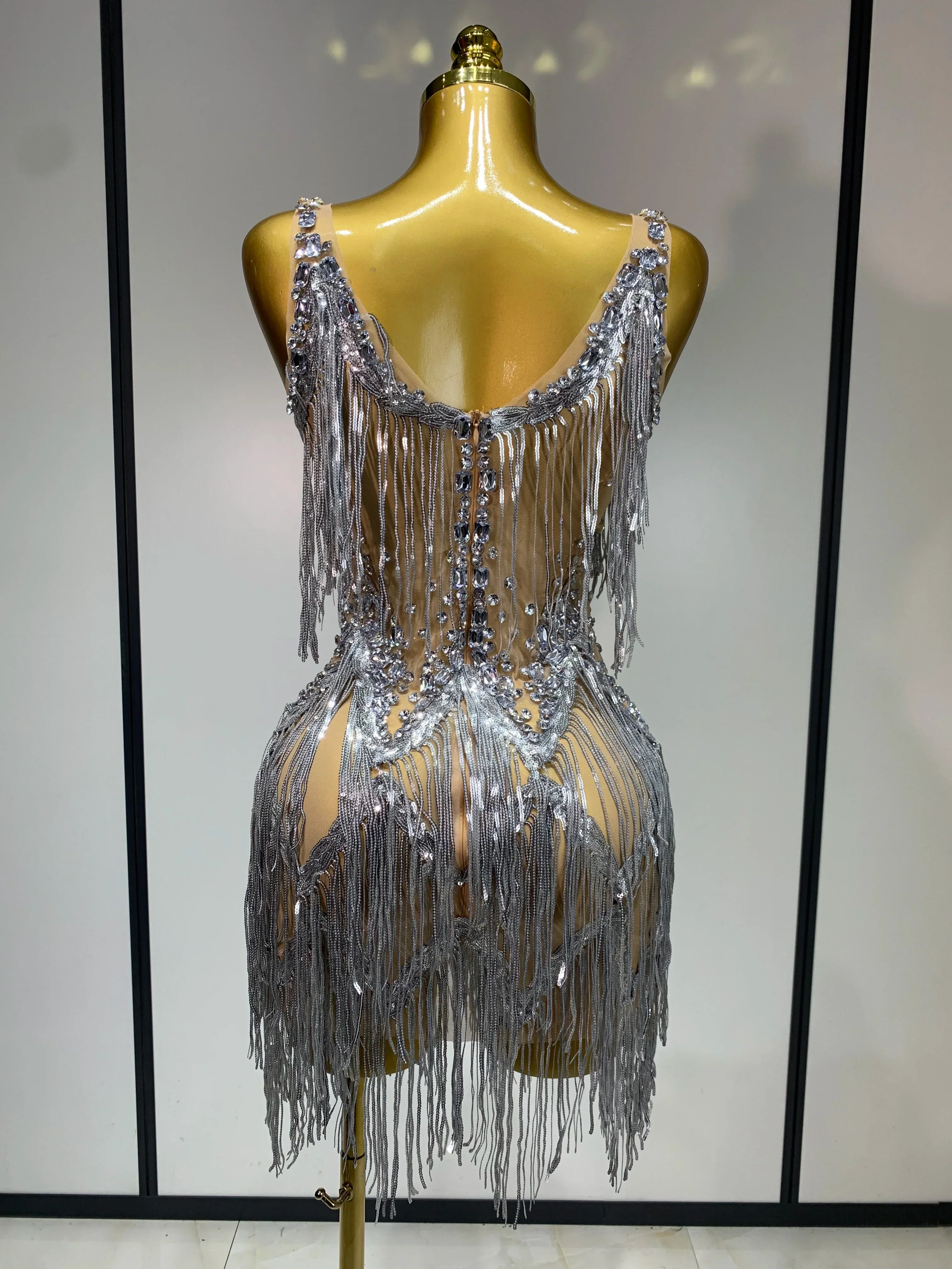 Sparkly Rhinestone Tassels Sexy Mesh See Through Dress Women Evening Party Luxury Birthday Nightclub Perform Stage Costume - Image 4