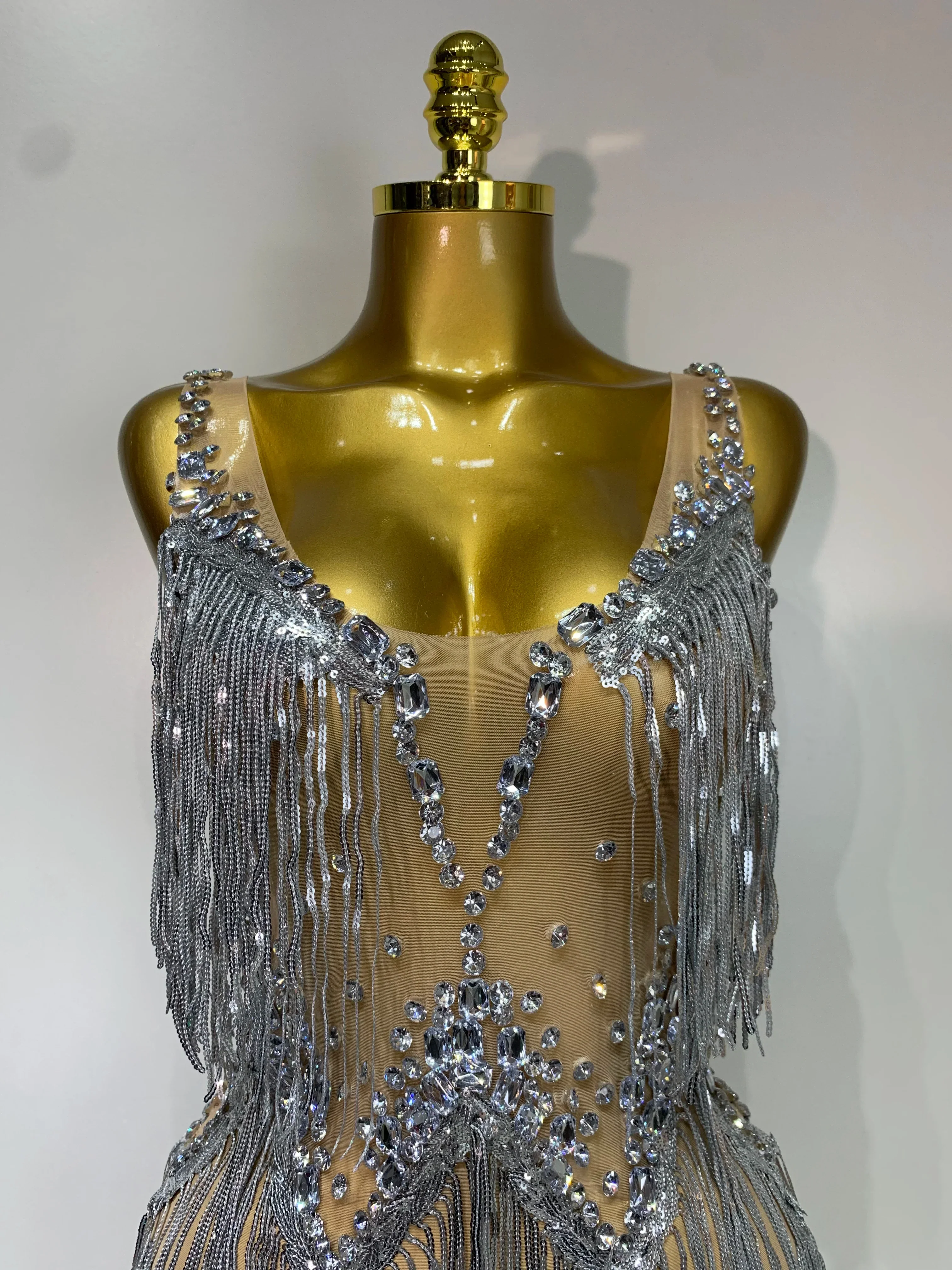 Sparkly Rhinestone Tassels Sexy Mesh See Through Dress Women Evening Party Luxury Birthday Nightclub Perform Stage Costume - Image 5