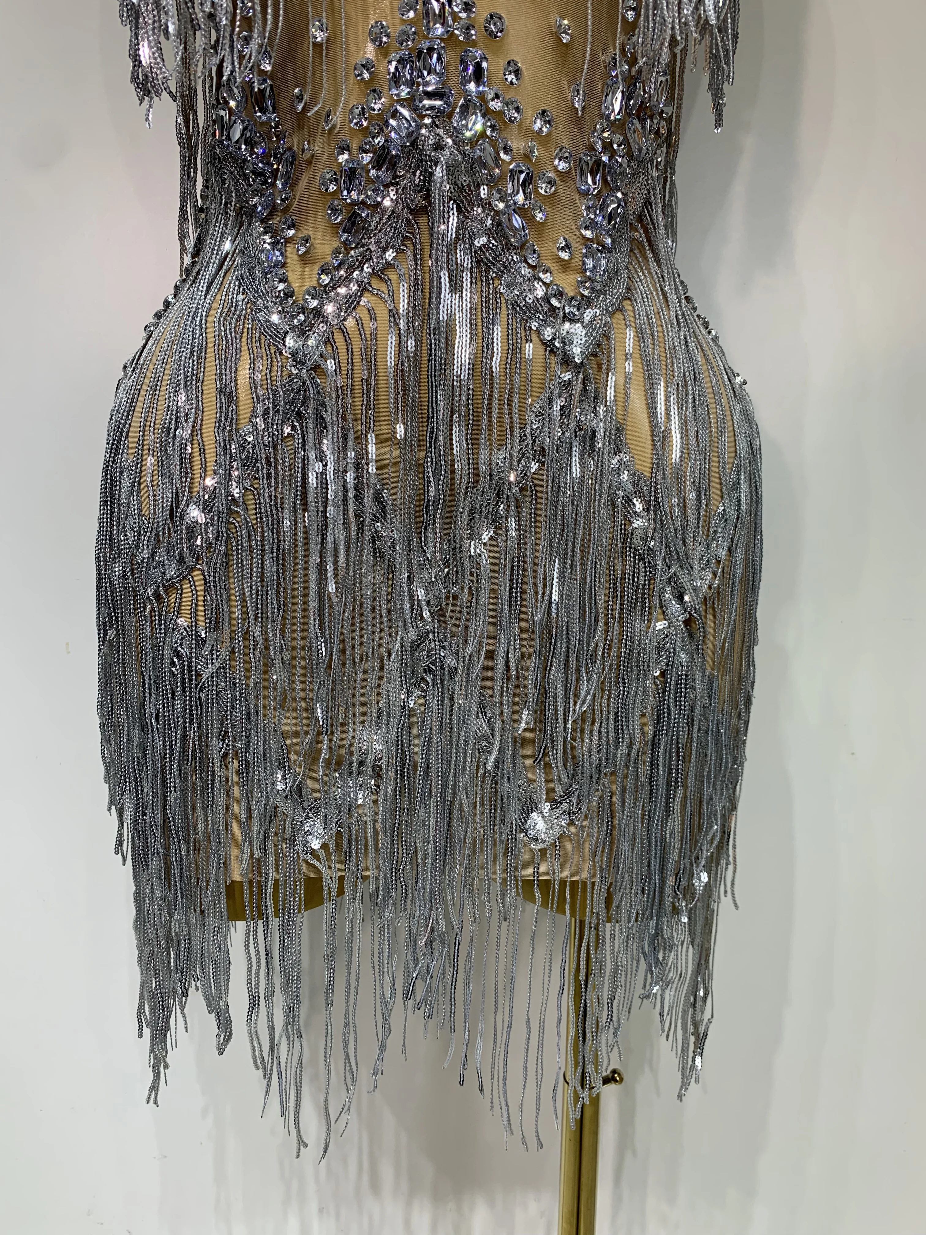 Sparkly Rhinestone Tassels Sexy Mesh See Through Dress Women Evening Party Luxury Birthday Nightclub Perform Stage Costume - Image 6
