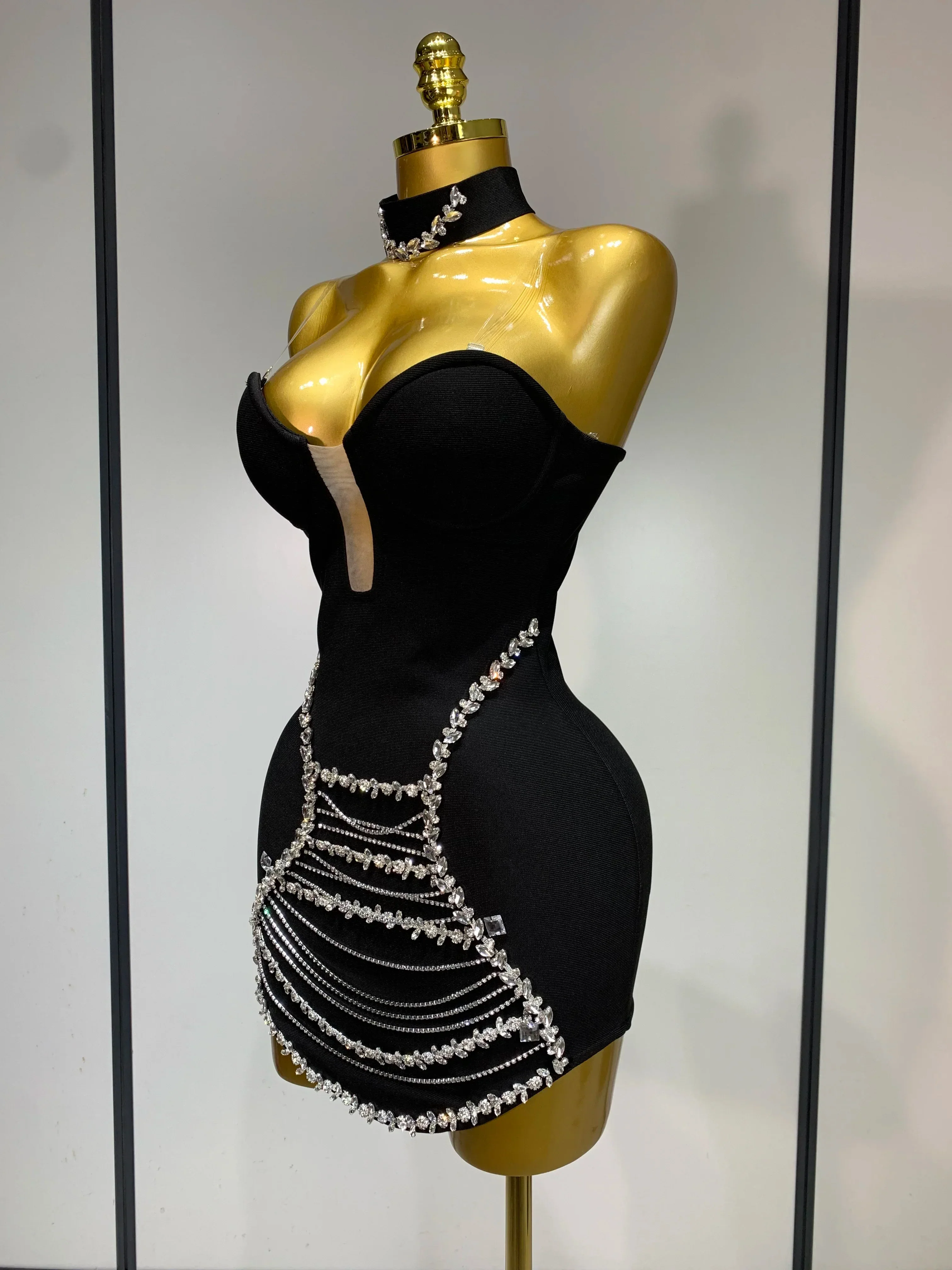 Sparkly Rhinestones Chain Bodycon Strapless Mini Bandage Dress  Women Backless Luxury Birthday Evening Party Club Dresses - Image 2