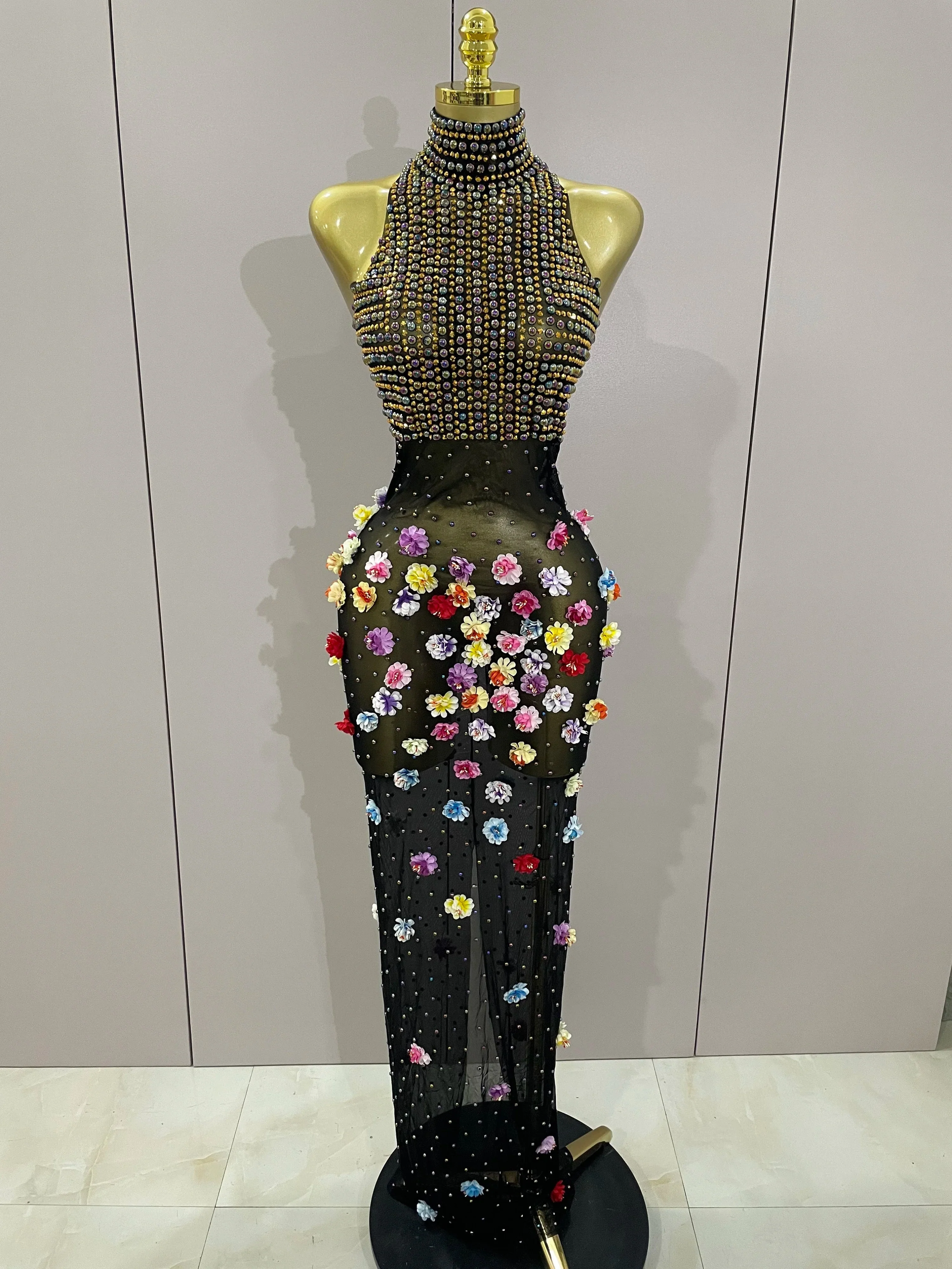 Sparkly Rhinestones Flowers Sexy See Through Long Dress Women Birthday Celebrate Wedding Evening Prom Dress Photo Shoot Wear