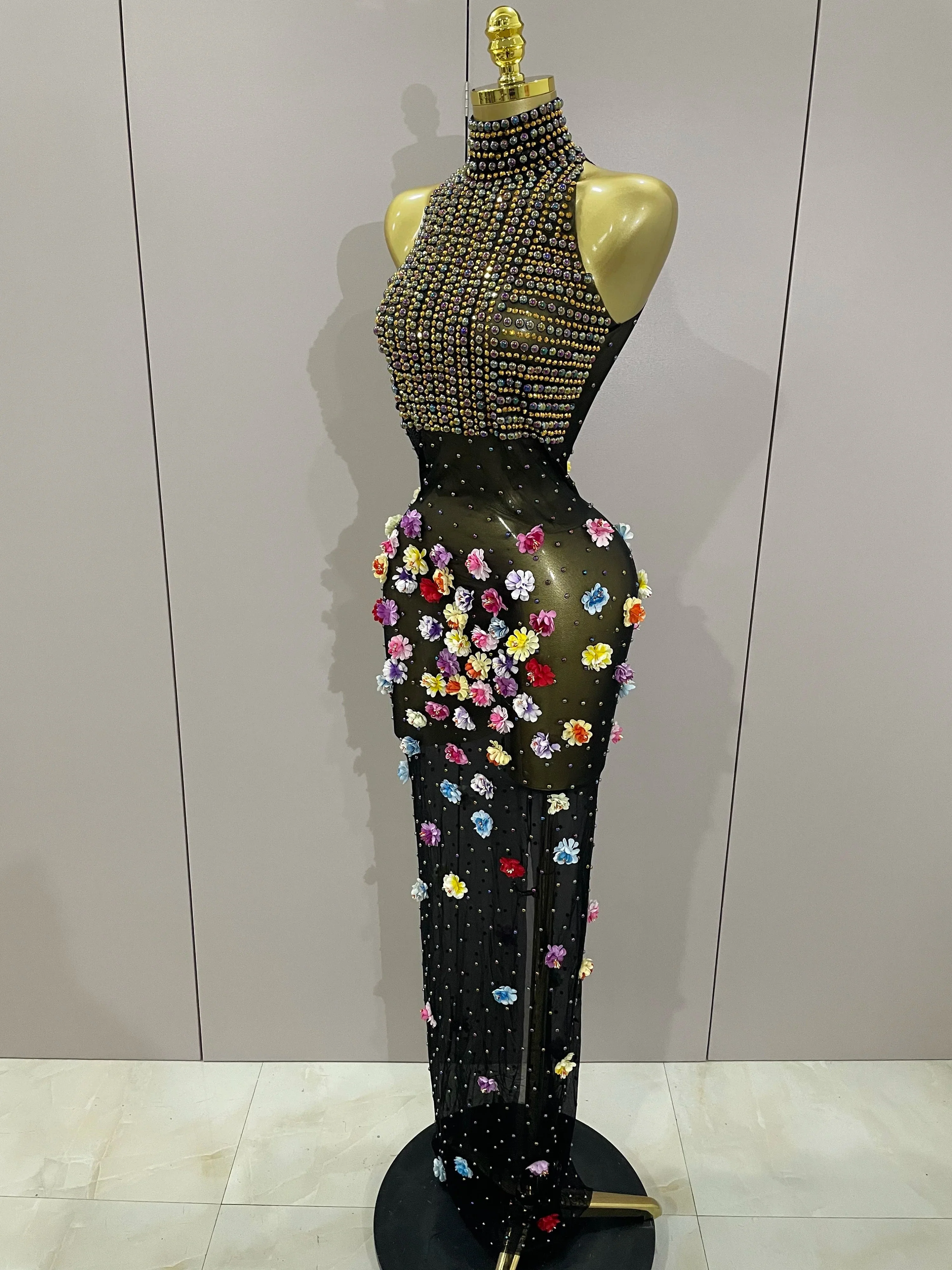 Sparkly Rhinestones Flowers Sexy See Through Long Dress Women Birthday Celebrate Wedding Evening Prom Dress Photo Shoot Wear - Image 2