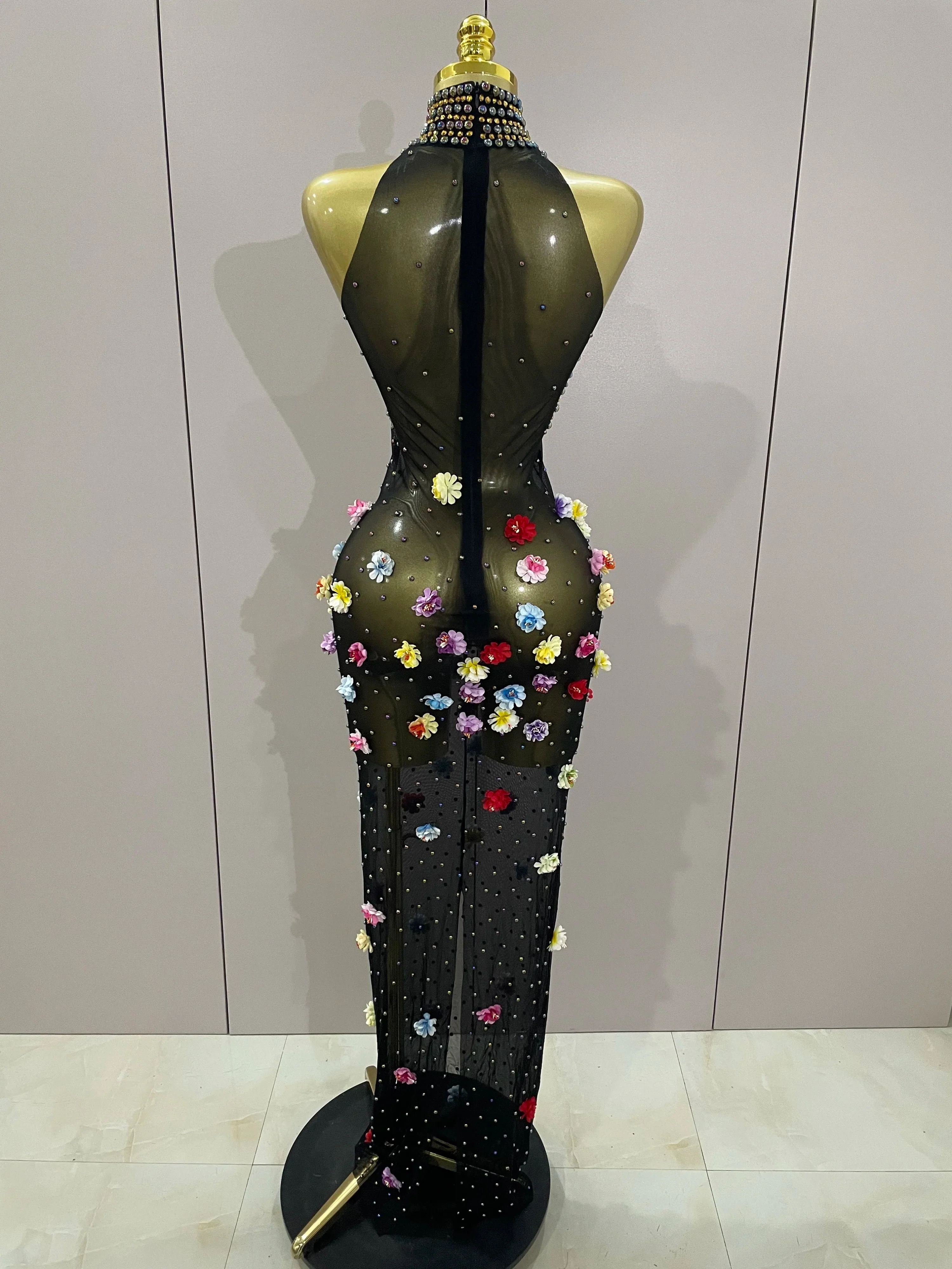 Sparkly Rhinestones Flowers Sexy See Through Long Dress Women Birthday Celebrate Wedding Evening Prom Dress Photo Shoot Wear - Image 3