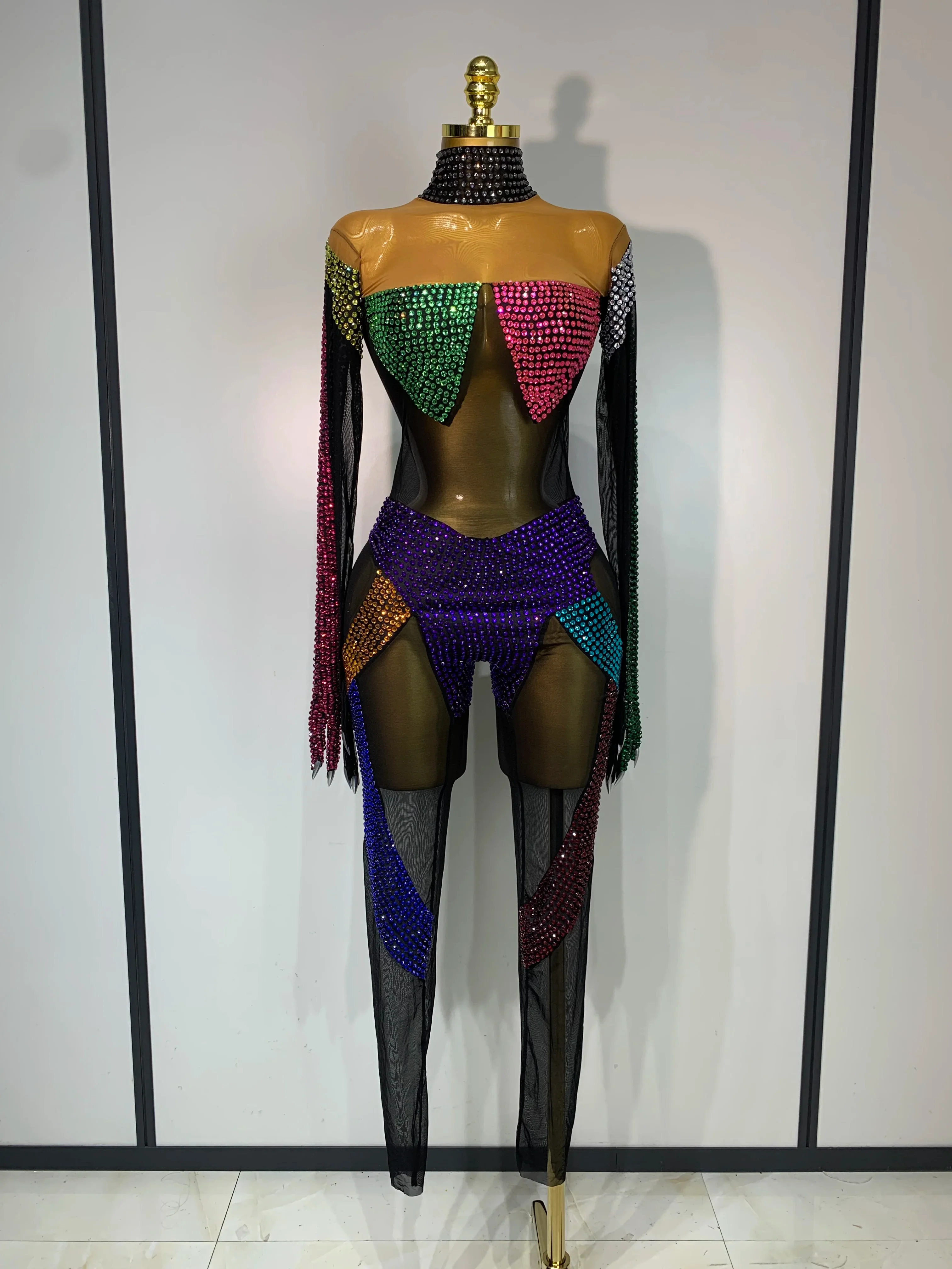 Sparkly Rhinestones Jumpsuit for Women Sexy Mesh Transparent Nightclub Outfit Luxury Birthday Party Stage Performance Costume