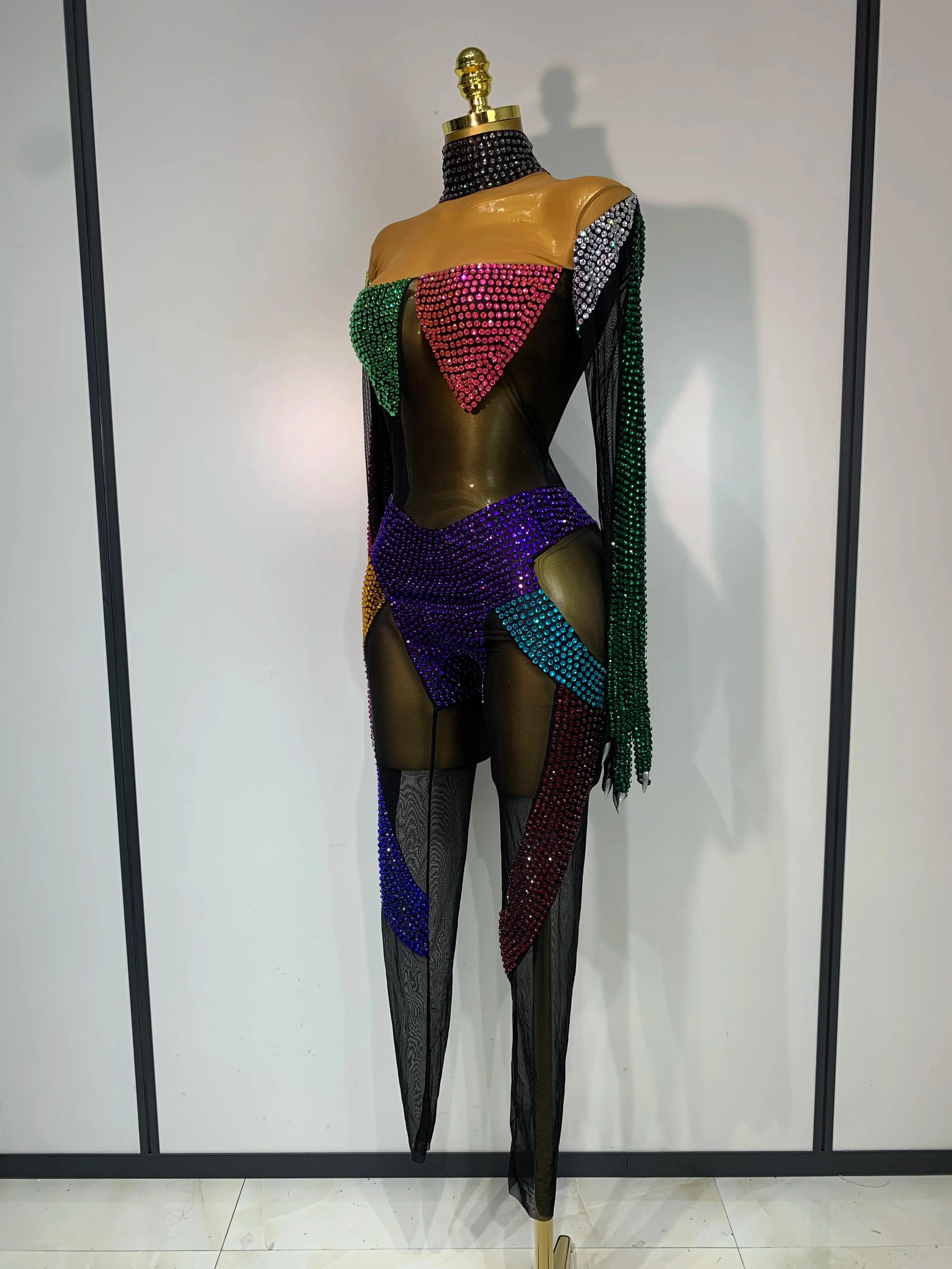 Sparkly Rhinestones Jumpsuit for Women Sexy Mesh Transparent Nightclub Outfit Luxury Birthday Party Stage Performance Costume - Image 2