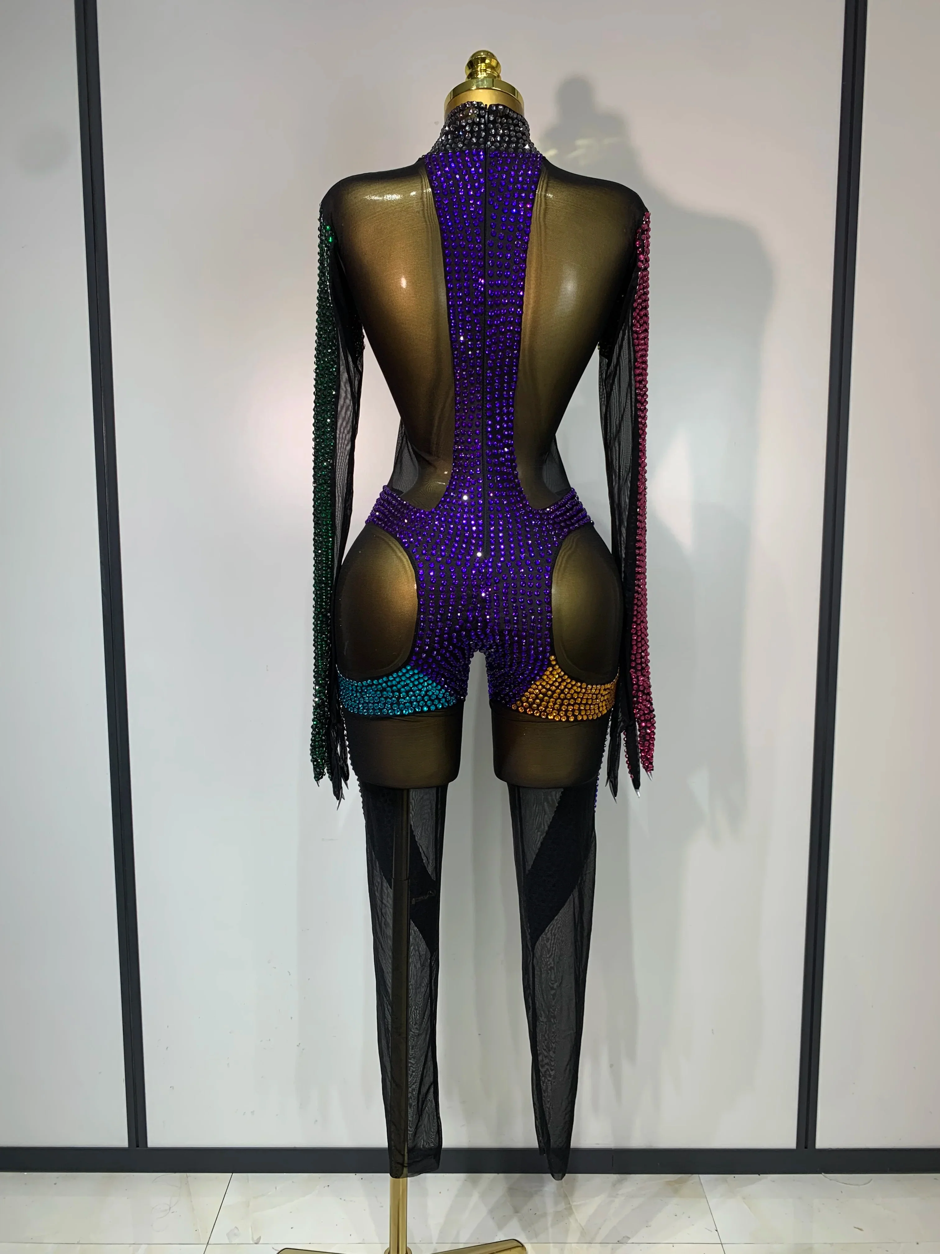Sparkly Rhinestones Jumpsuit for Women Sexy Mesh Transparent Nightclub Outfit Luxury Birthday Party Stage Performance Costume - Image 4