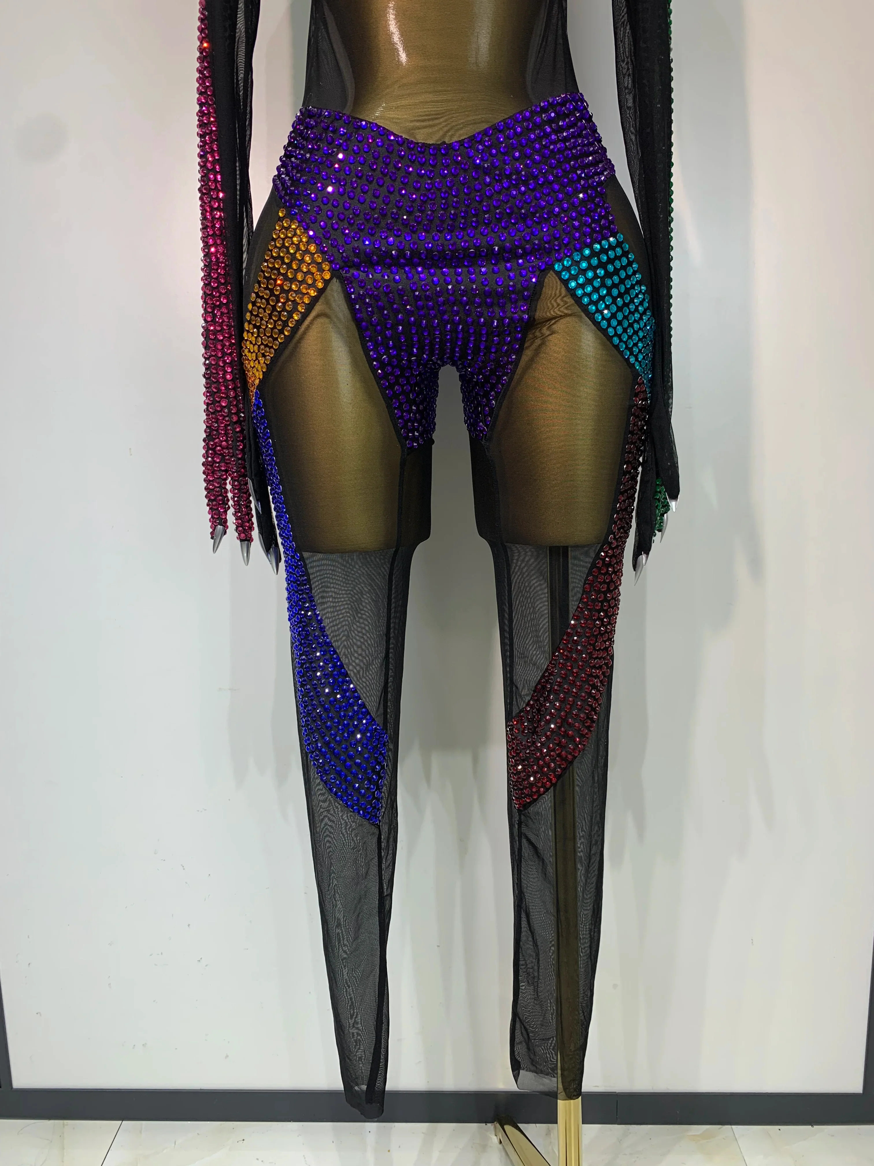 Sparkly Rhinestones Jumpsuit for Women Sexy Mesh Transparent Nightclub Outfit Luxury Birthday Party Stage Performance Costume - Image 6