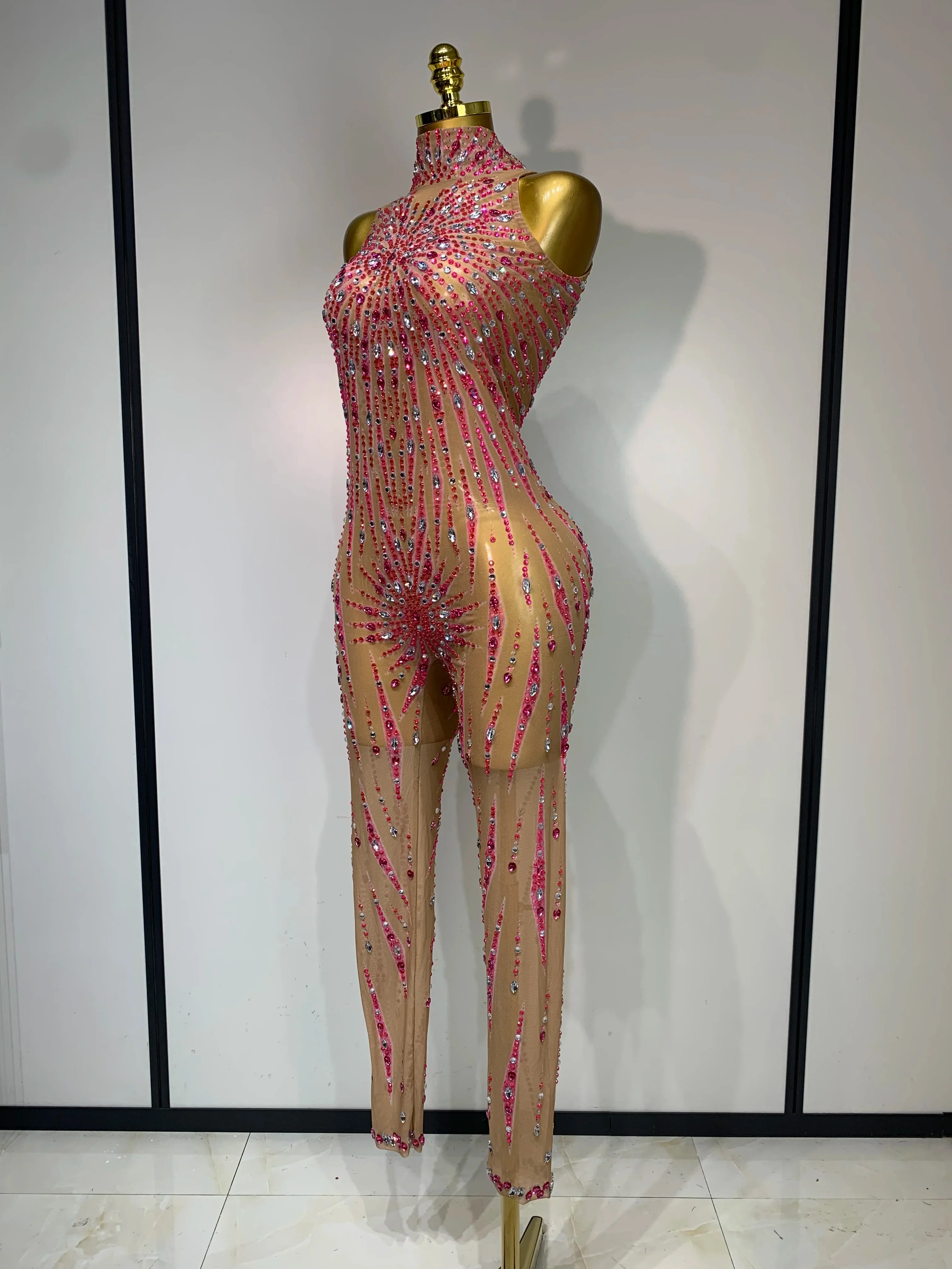 Sparkly Rhinestones Mesh See Through Jumpsuit Women Sexy Sleeveless Performance Dance Costume Birthday Nightclub Stage Outfit - Image 2