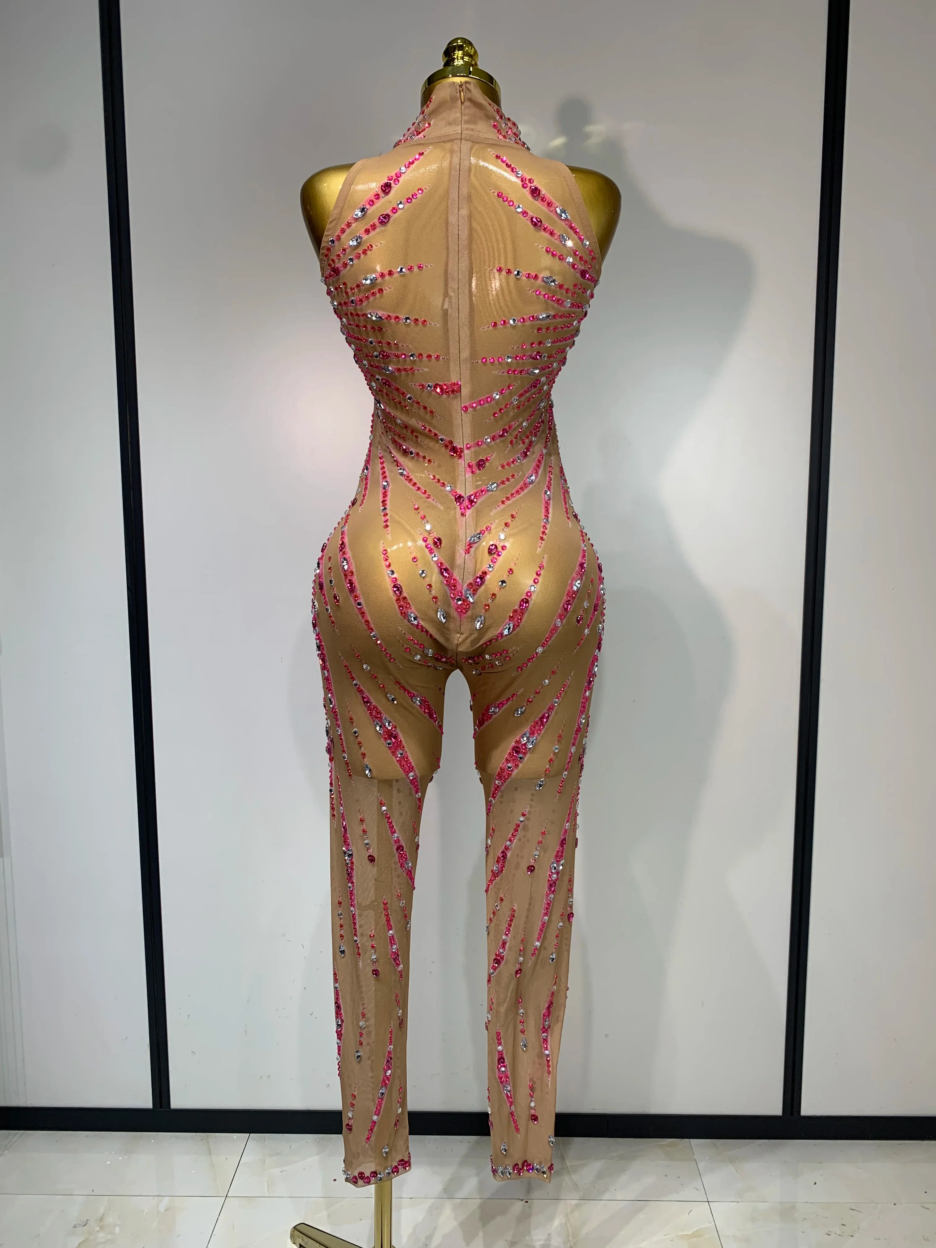 Sparkly Rhinestones Mesh See Through Jumpsuit Women Sexy Sleeveless Performance Dance Costume Birthday Nightclub Stage Outfit - Image 4