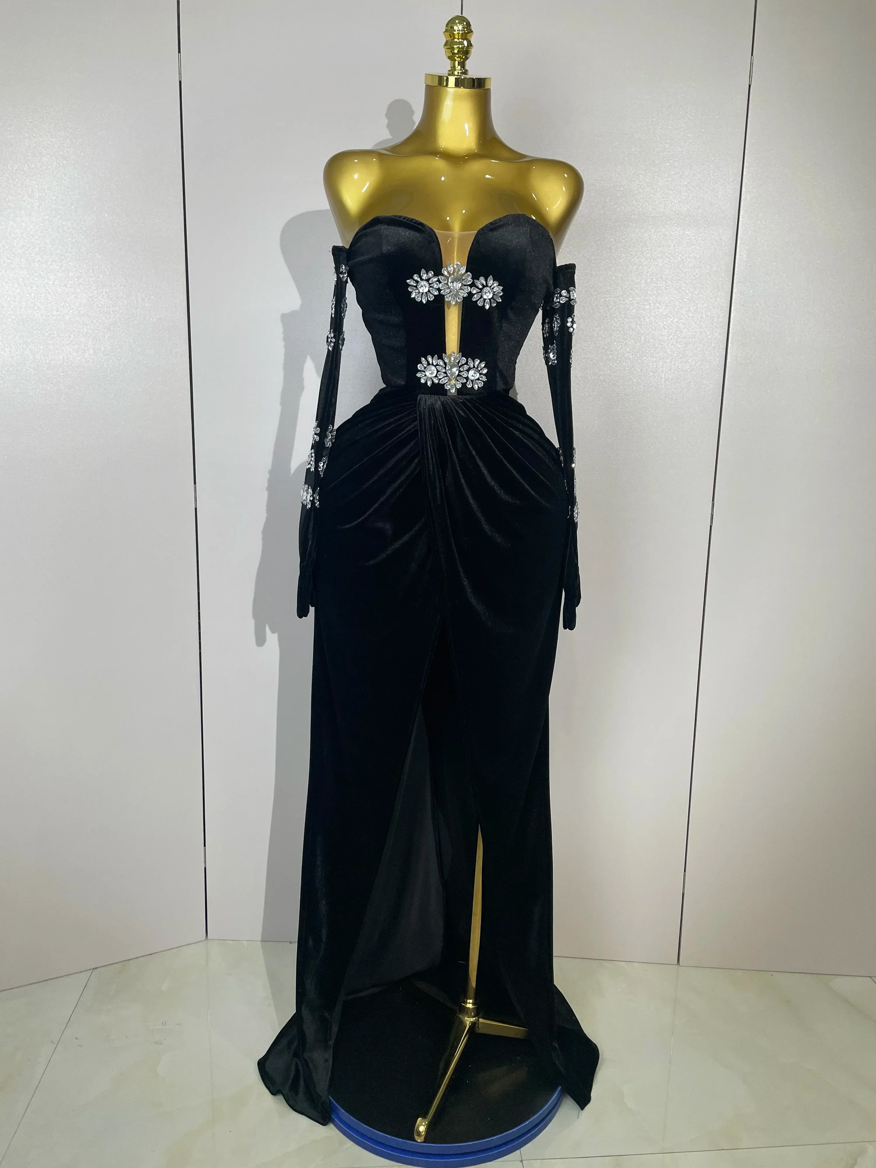 Sparkly Rhinestones Mesh Sexy Split Velvet Gloves Long Dress Women Birthday Celebrate Wedding Gown Stage Photo Shoot Wear