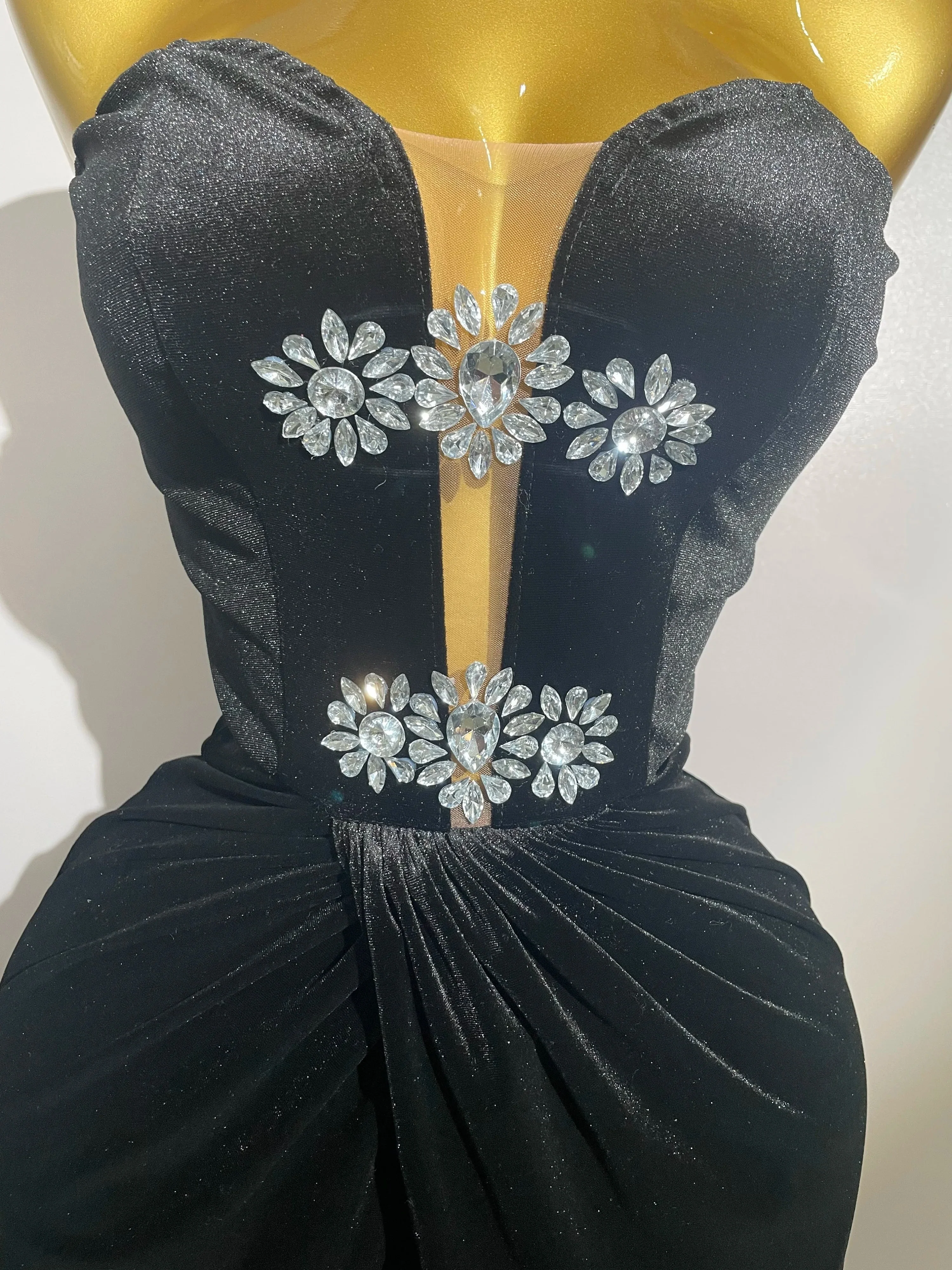 Sparkly Rhinestones Mesh Sexy Split Velvet Gloves Long Dress Women Birthday Celebrate Wedding Gown Stage Photo Shoot Wear - Image 5