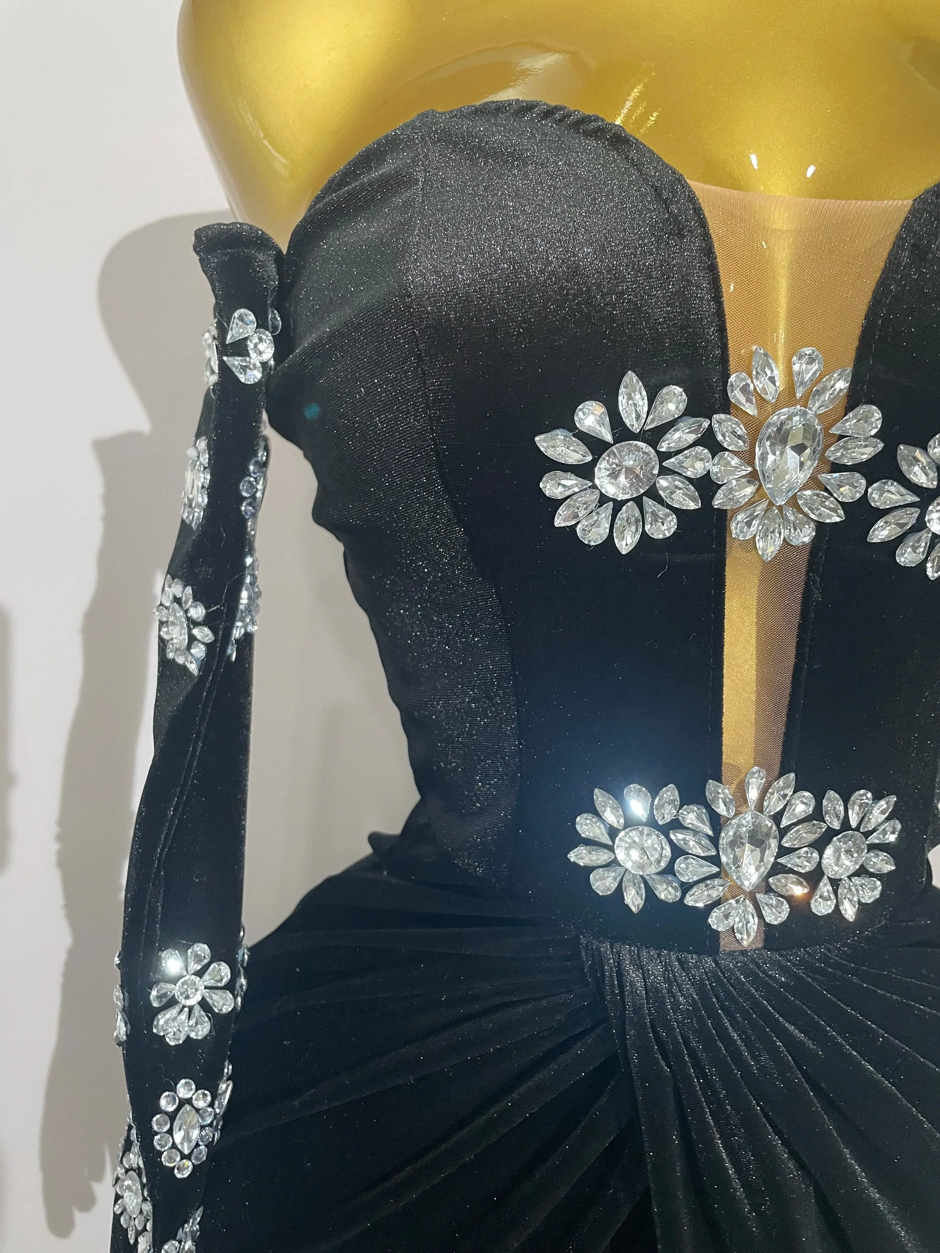 Sparkly Rhinestones Mesh Sexy Split Velvet Gloves Long Dress Women Birthday Celebrate Wedding Gown Stage Photo Shoot Wear - Image 6