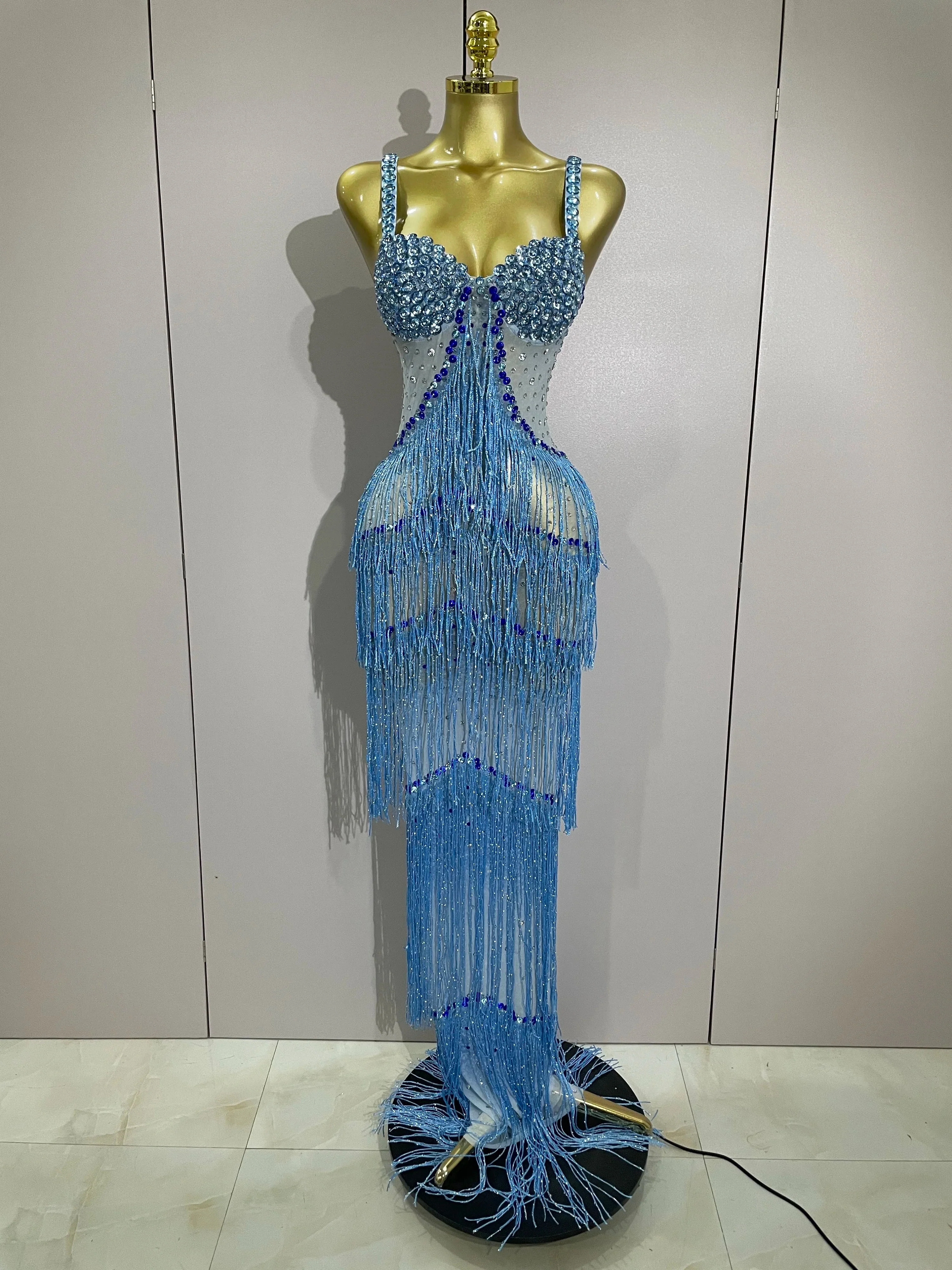 Sparkly Rhinestones Tassel sexy Mesh Slip Long Dress Women Celebrate Evening Prom Birthday paty Dress Photoshoot Stage Wear
